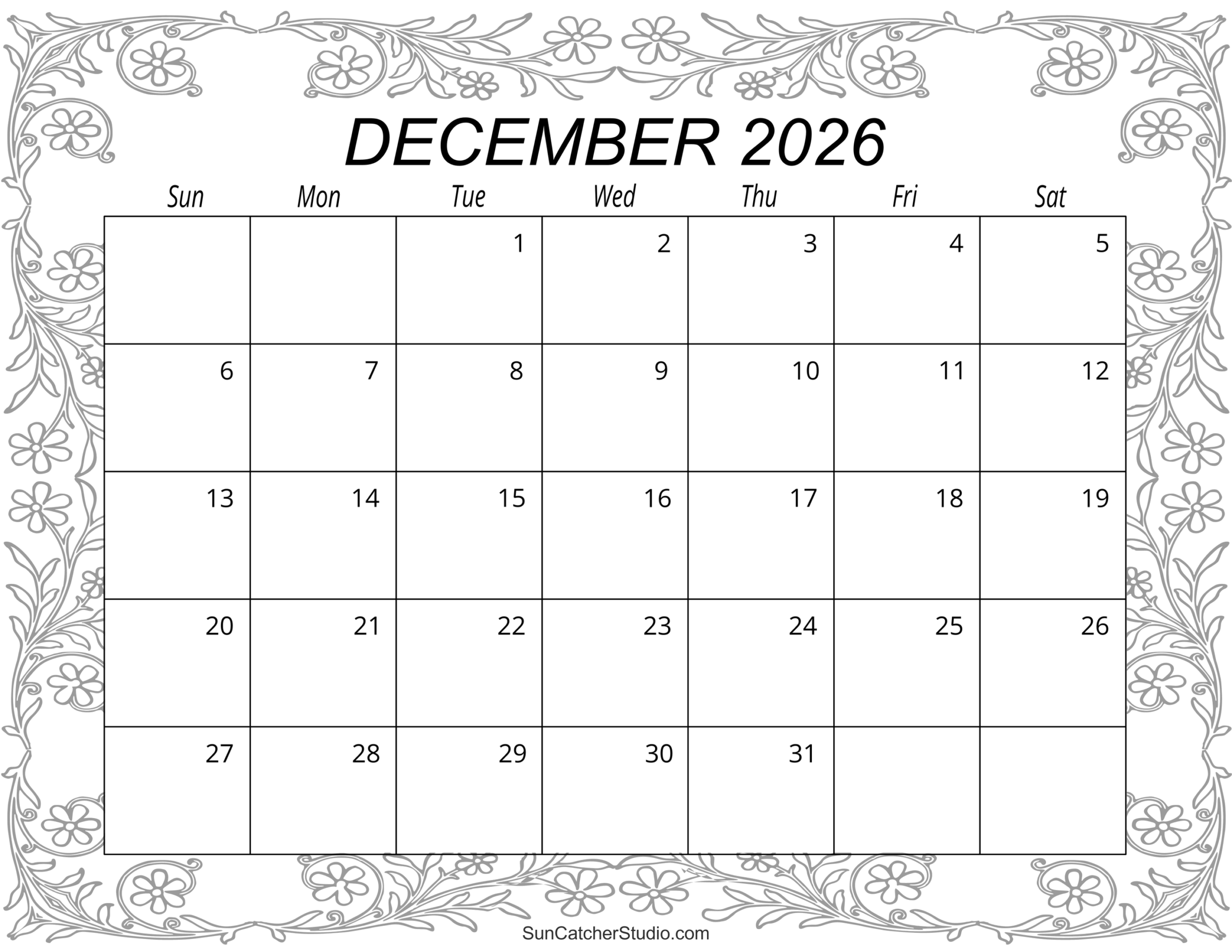 Dec 2026 Daily Schedule Calendar Printable