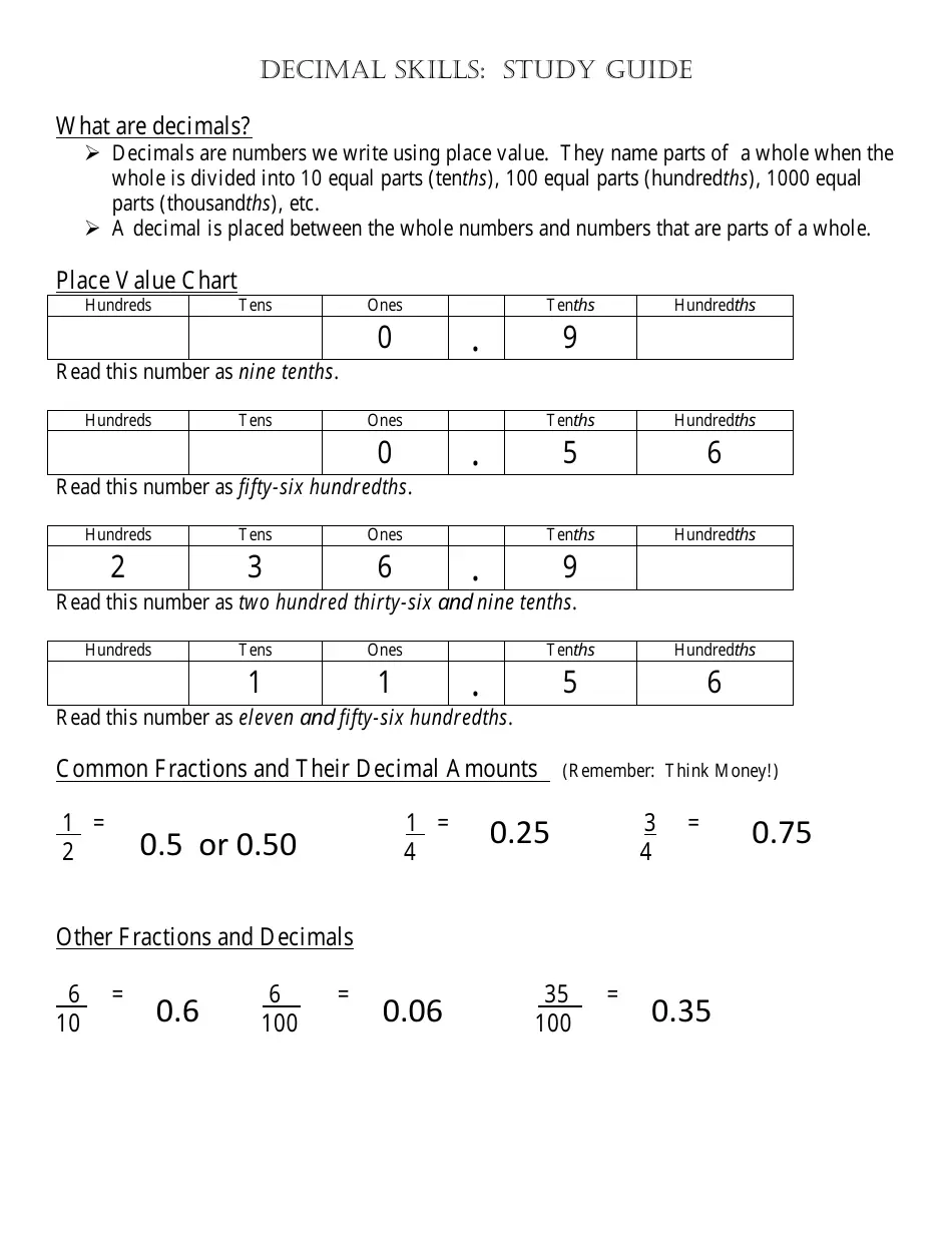 Decimal Skills Study Guide Download Printable PDF Templateroller