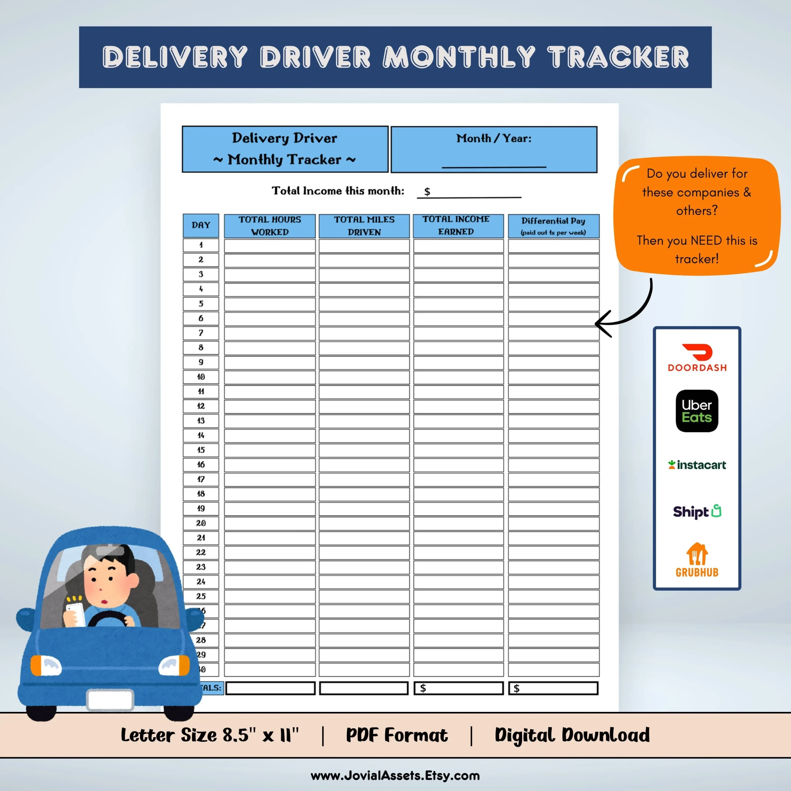 Delivery Driver Monthly Tracker Income Mileage Log PDF Printable Etsy