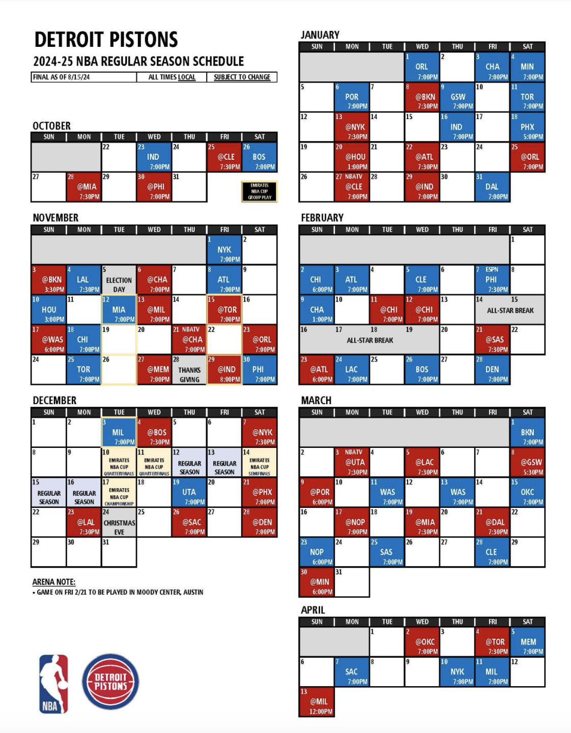 Detroit Pistons Unveil 2024 25 Schedule With Home Opener On Oct 23