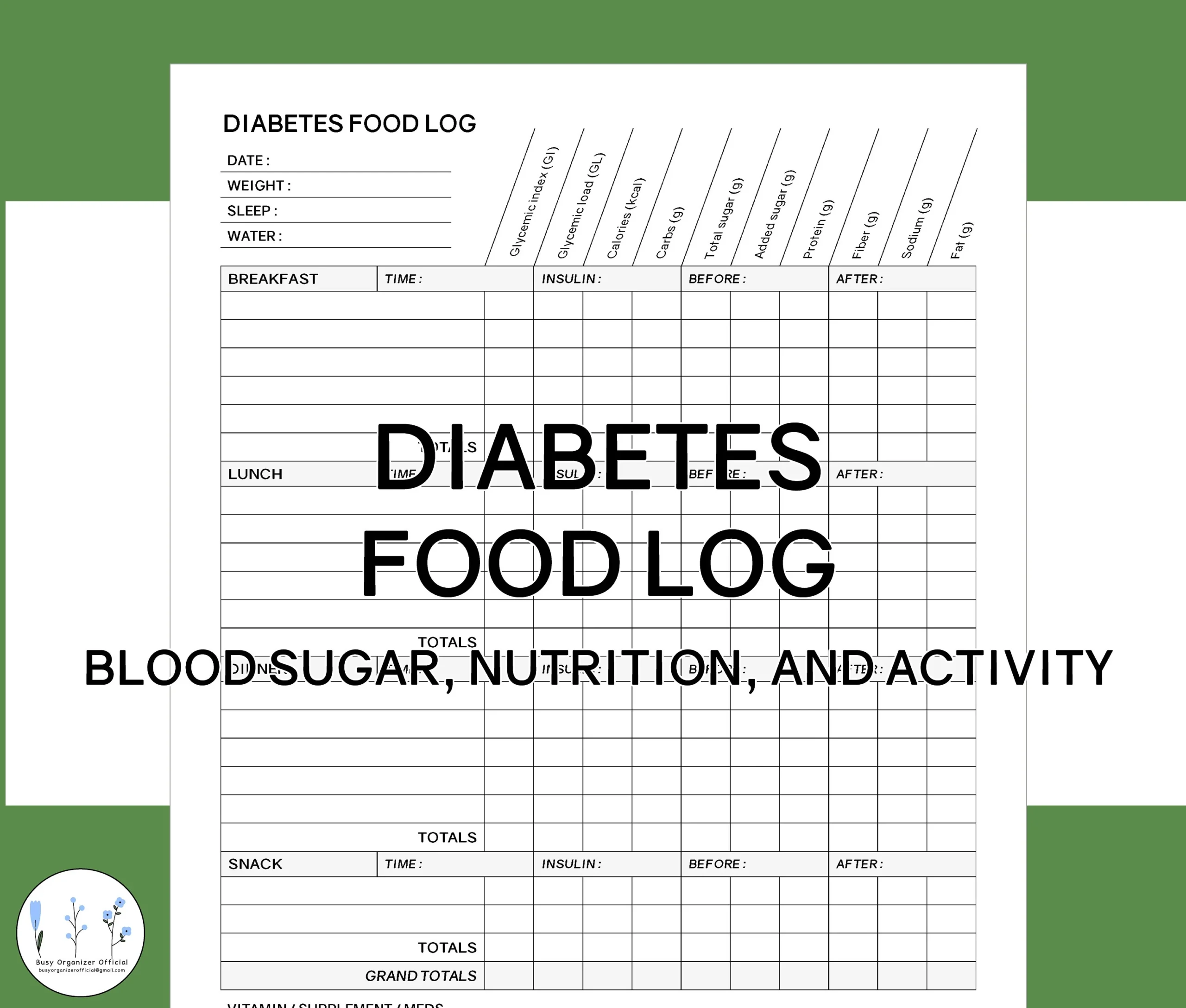 Diabetes Food Log Printable Blood Sugar Nutrition And Activity Daily Tracker PDF Printable Medical And Health Planner Digital Download Etsy