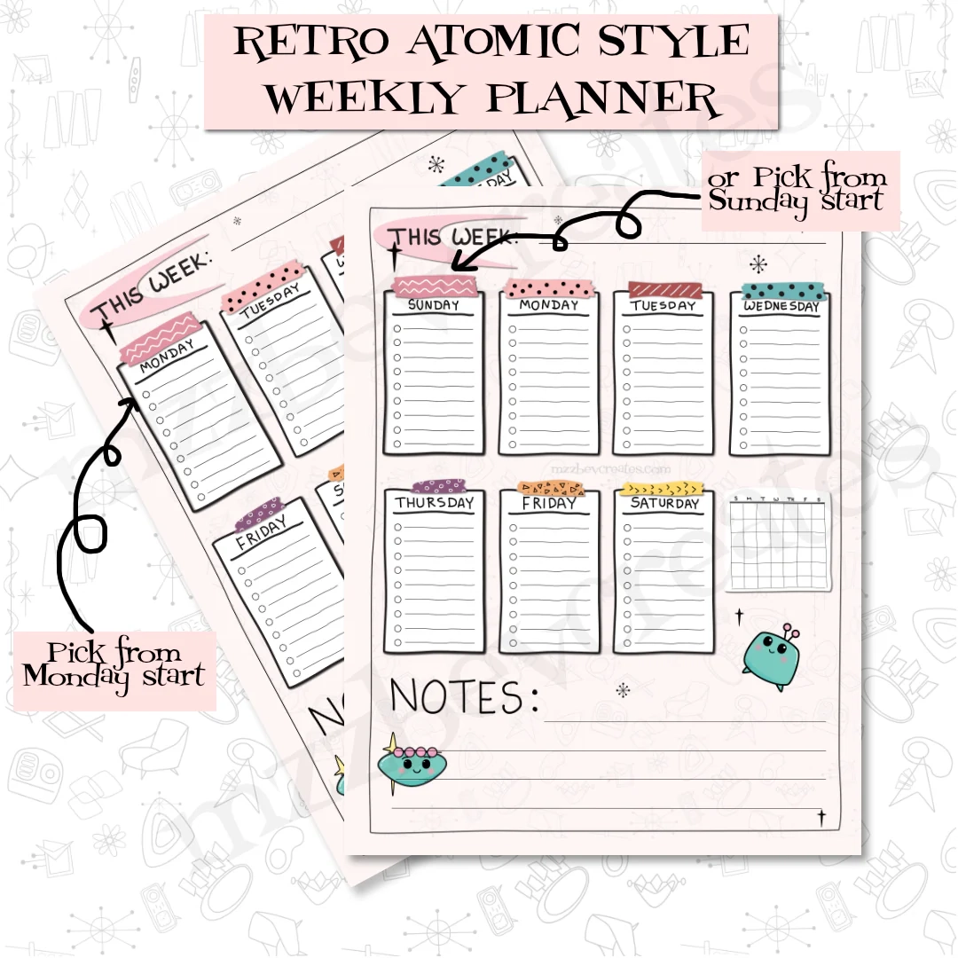DIgital Download Retro Atomic Style Weekly Planner MzzBev Creates