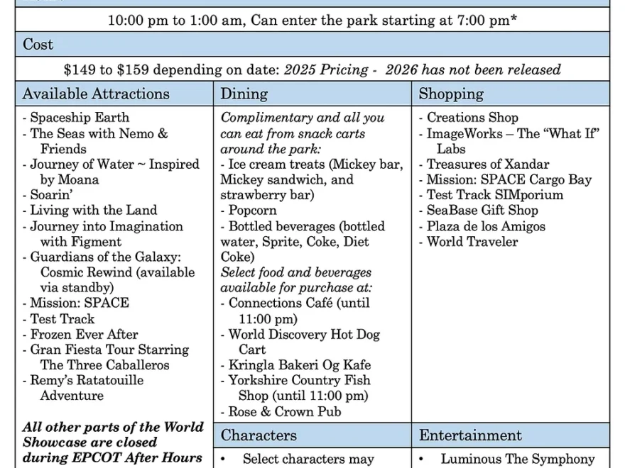 Disney After Hours 2026 Cheat Sheets Hours Snacks Quick Guide