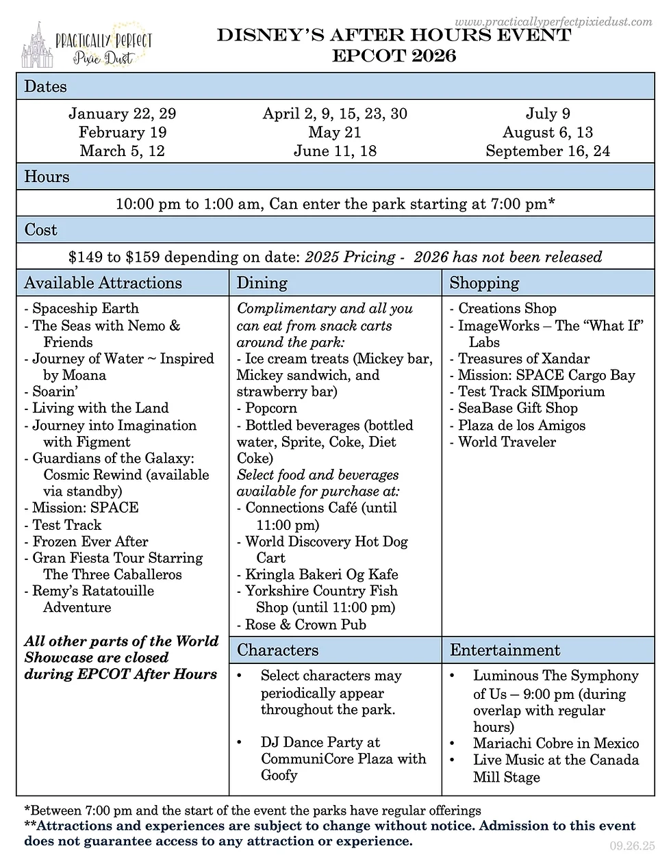 Disney After Hours 2026 Cheat Sheets Hours Snacks Quick Guide