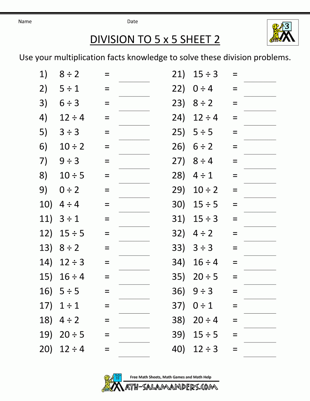 Printable 100 Problem Division Fact Sheets