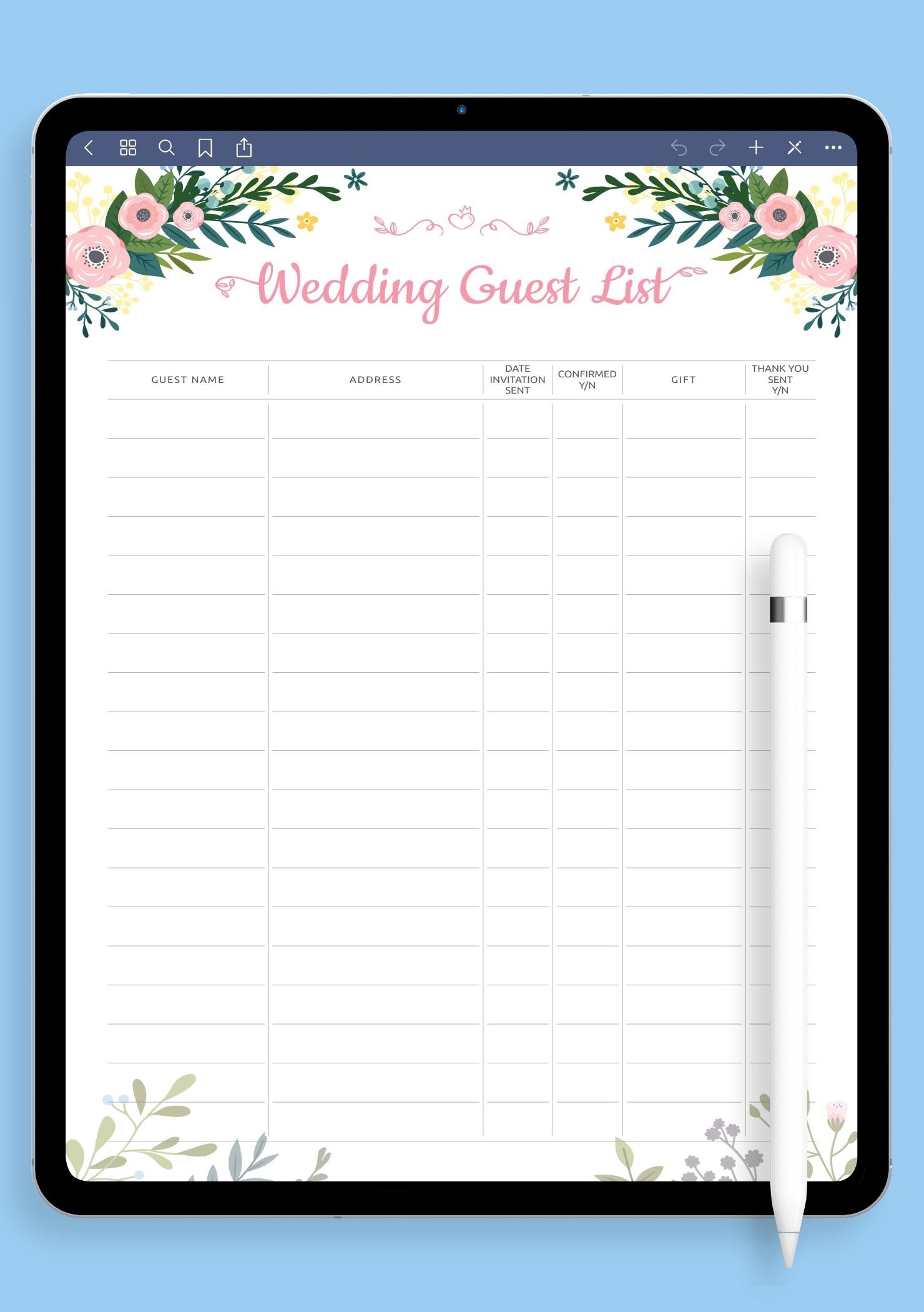 Blank Printable Numbered Wedding Guest List