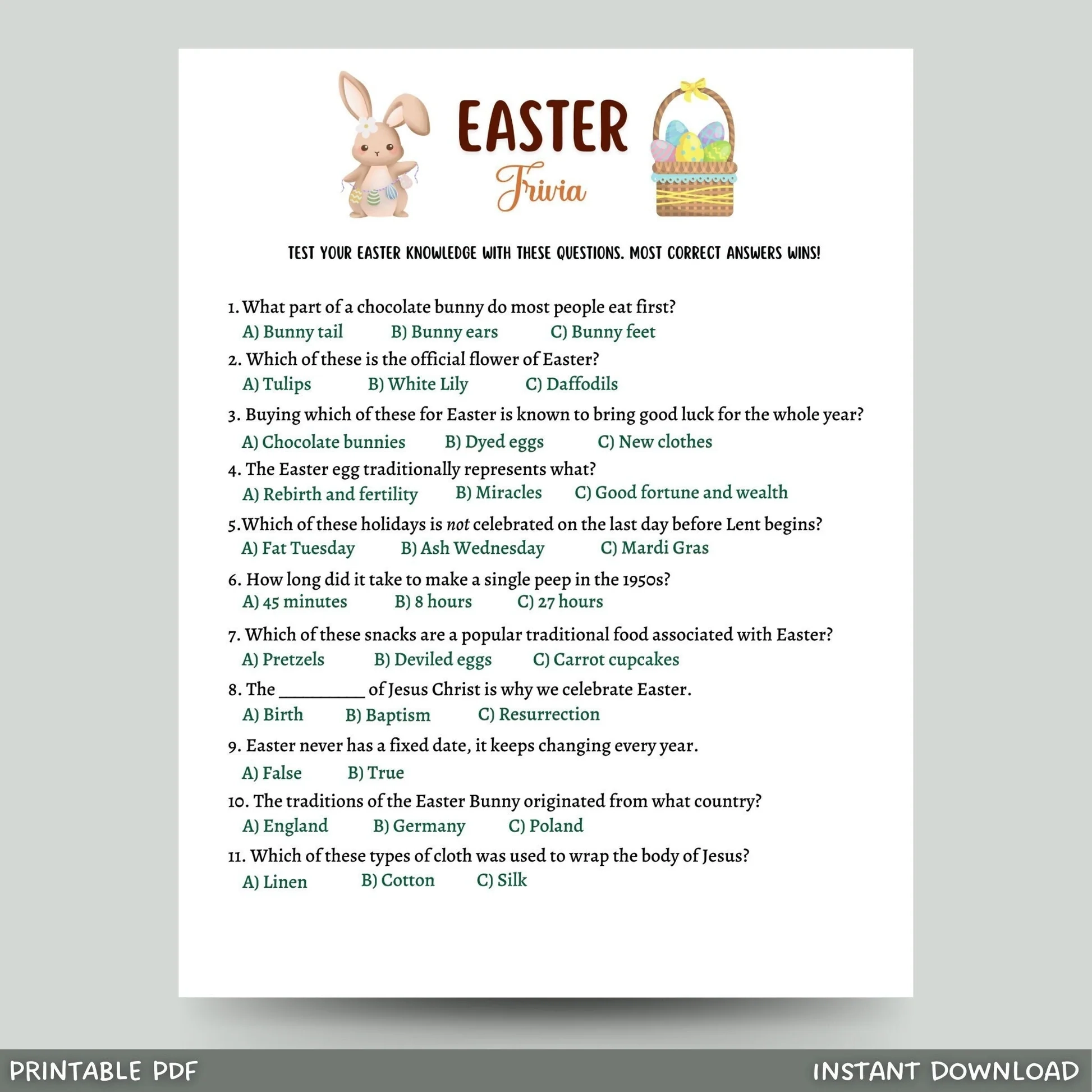 Easter Trivia Game Printable Party Activity For Kids Adults Scribbled LLC