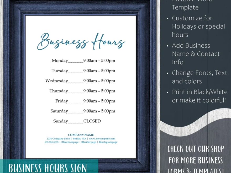 Editable Business Hours Sign Template Storefront Hours WORD Instant Download Etsy