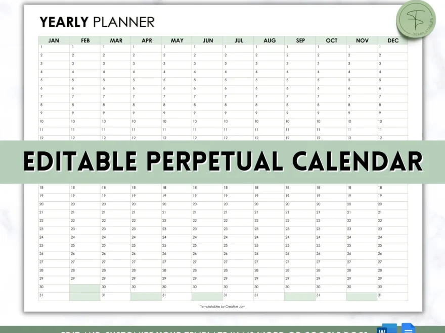 EDITABLE Perpetual Calendar Undated Annual 12 Month Planner