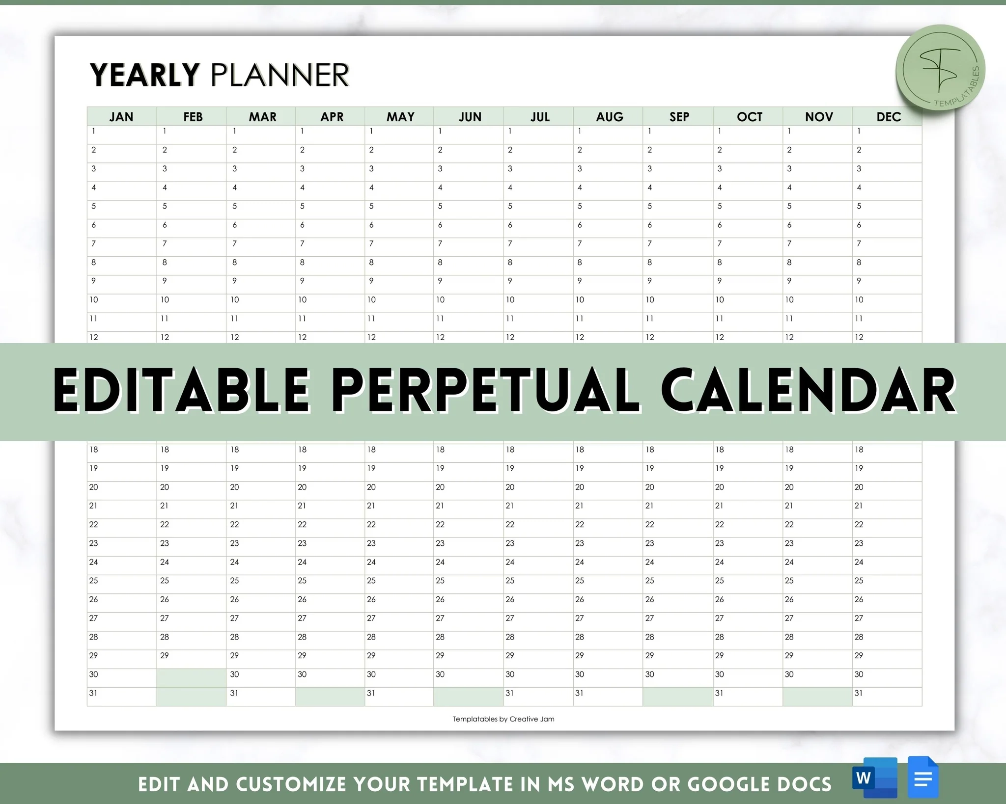EDITABLE Perpetual Calendar Undated Annual 12 Month Planner