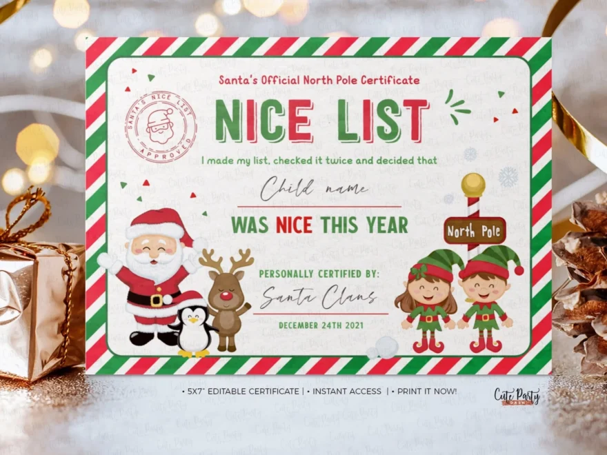 Editable Santa Claus Official Nice List Certificate Instant Download Cute Party Dash