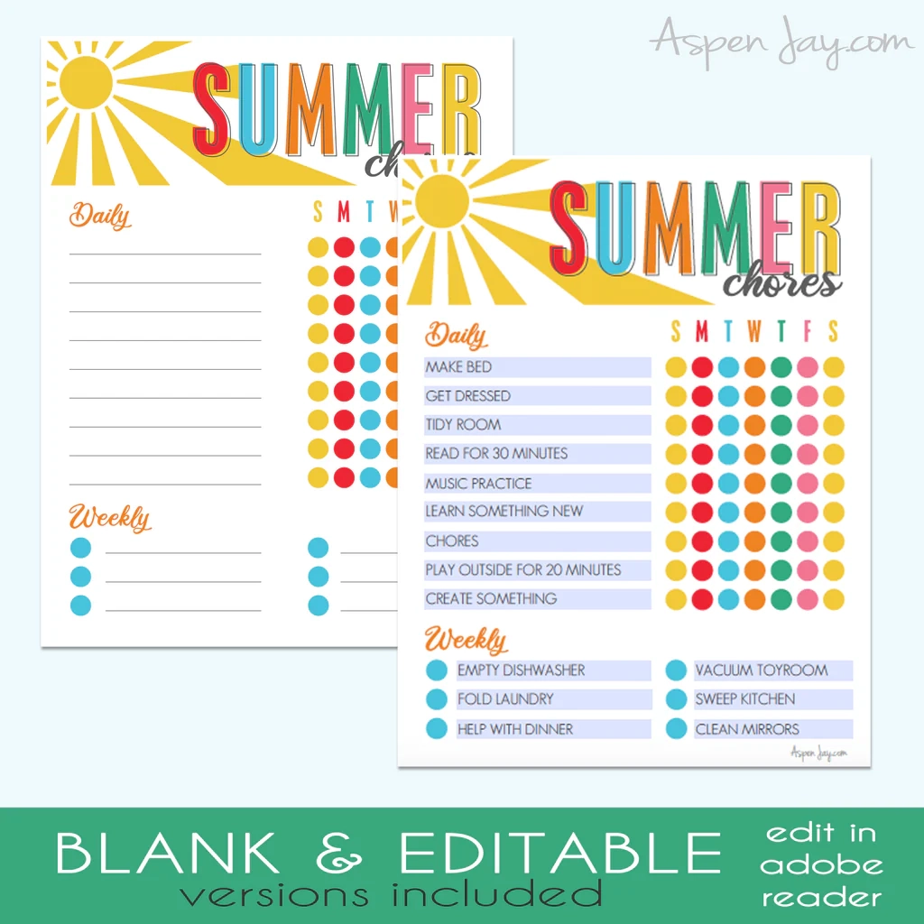 EDITABLE Summer Chore Chart AspenJay