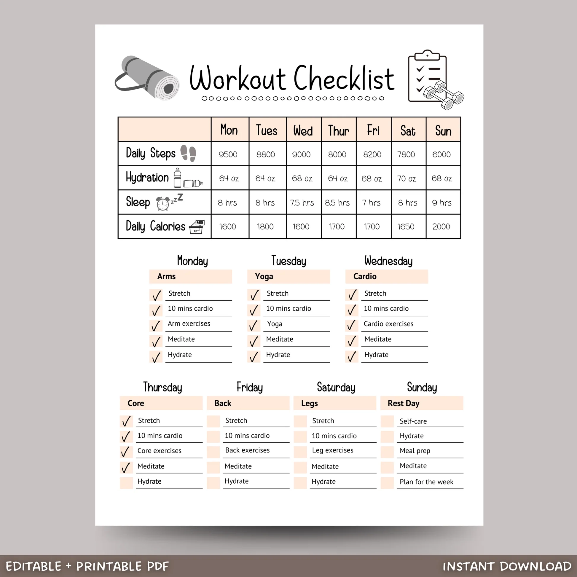 Editable Workout Checklist Printable Daily Exercise Gym Log Planner Scribbled LLC Editable Workout Checklist Printable Daily Exercise Gym Log Planner Scribbled LLC