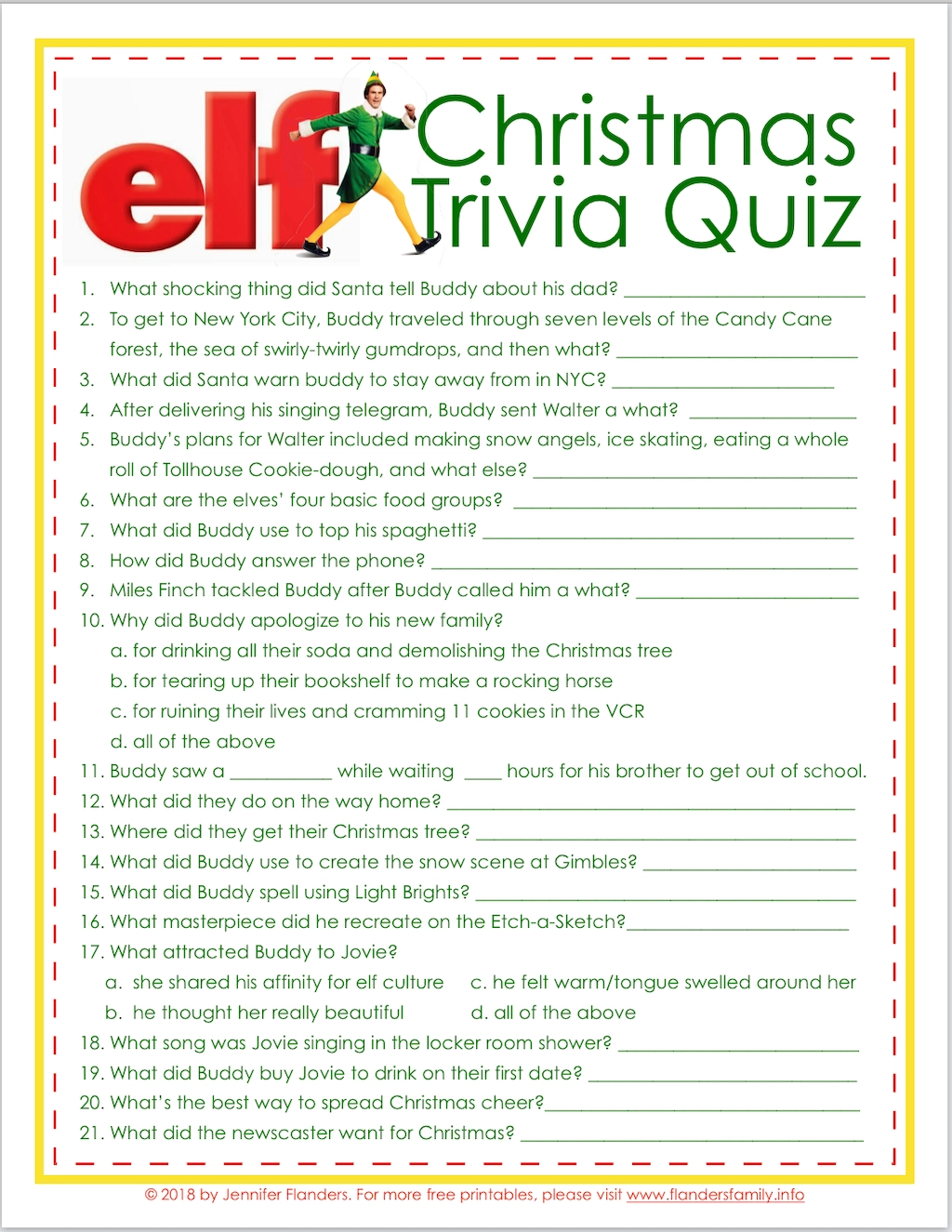 Elf Trivia Christmas Quiz Free Printable Flanders Family Home Life