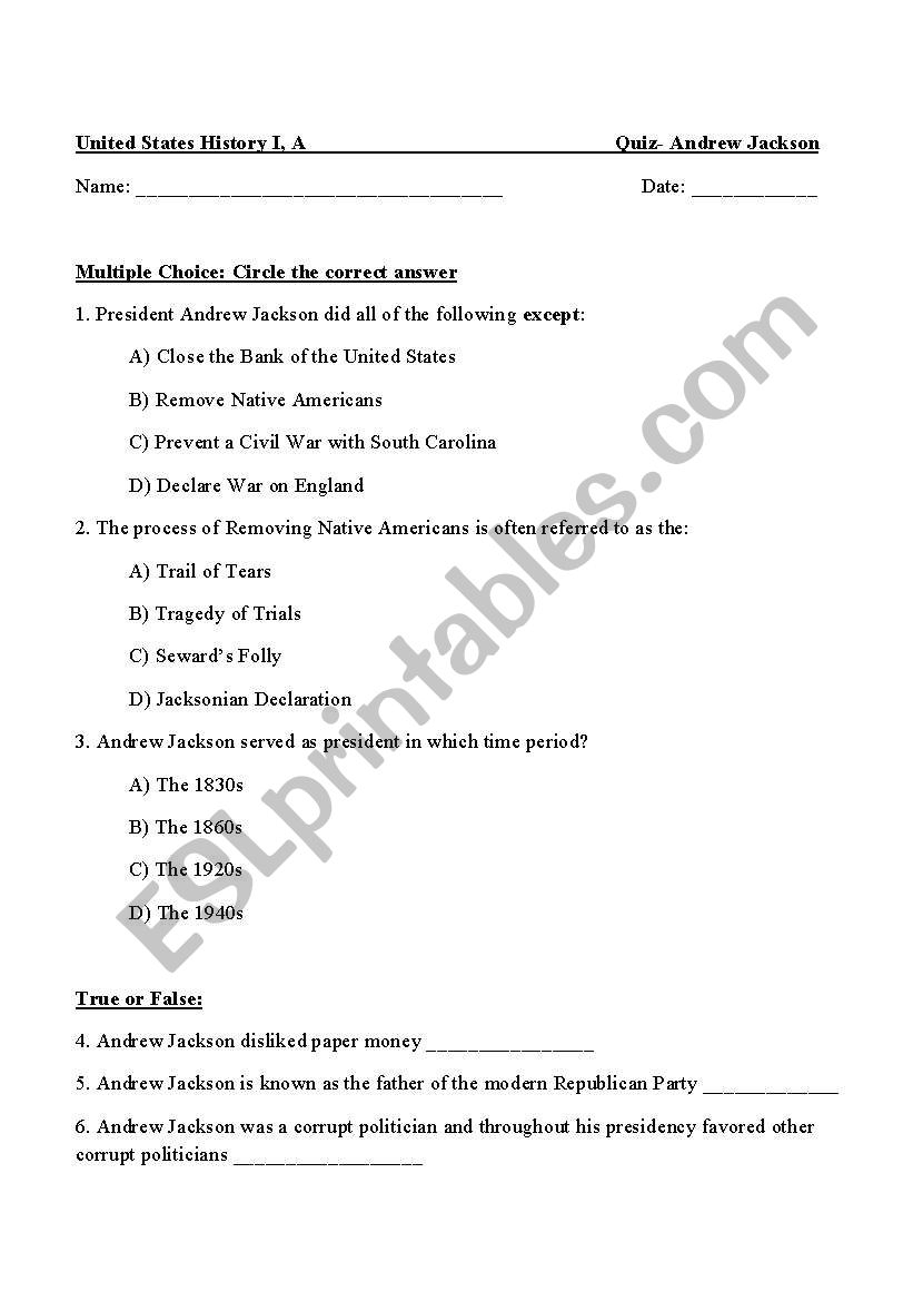 English Worksheets Andrew Jackson Quiz