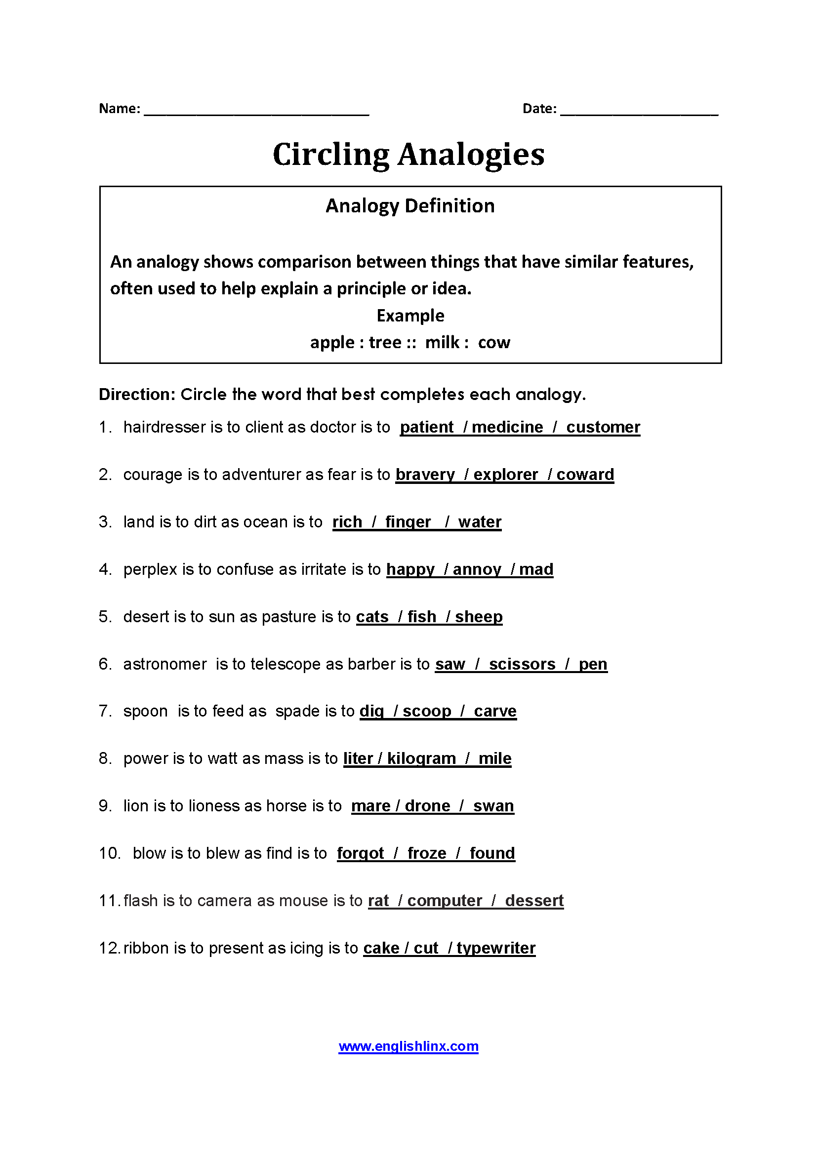 Englishlinx Analogy Worksheets