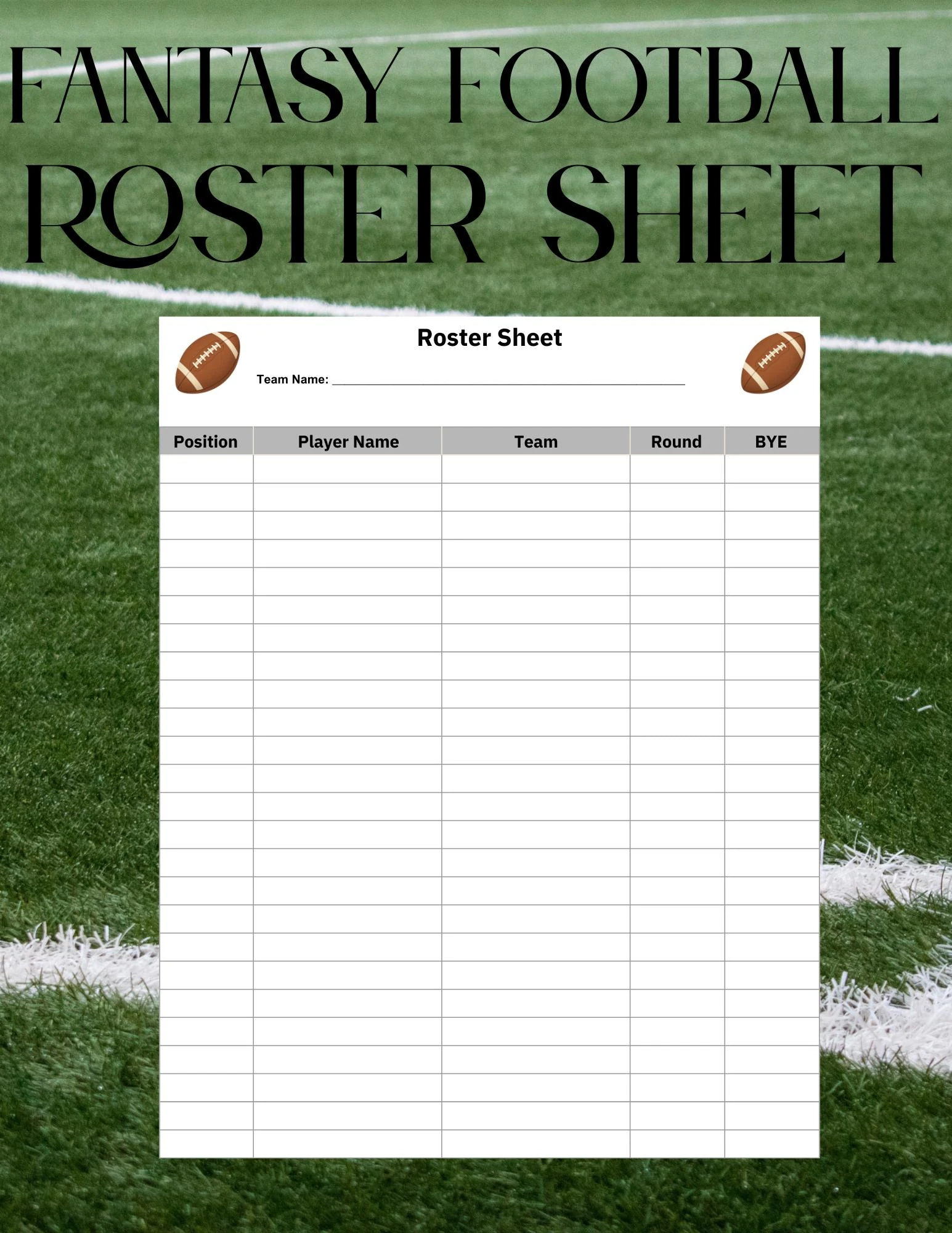 Fantasy Football Draft Roster Sheet Etsy