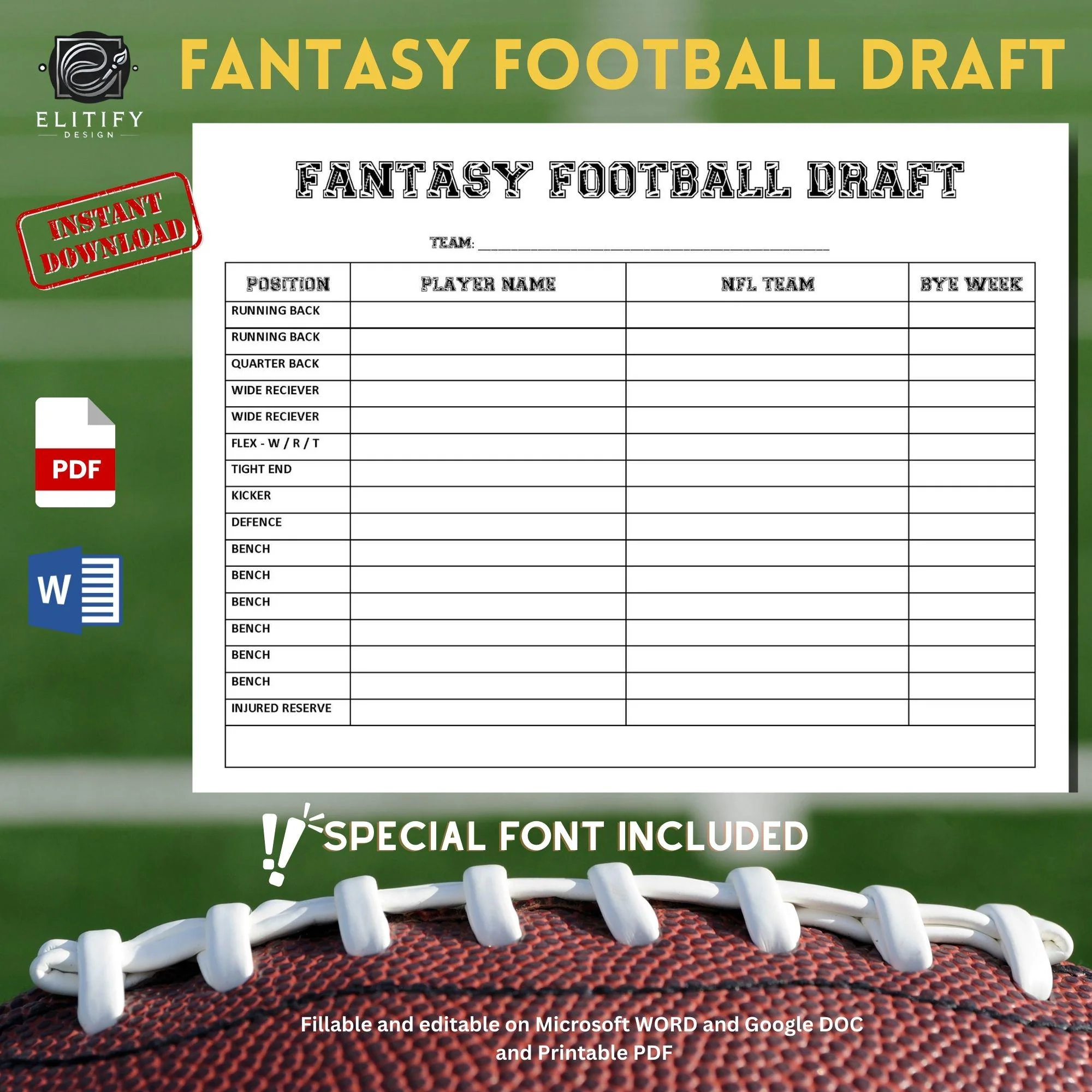 2026 Fantasy Football Roster Sheets Printable