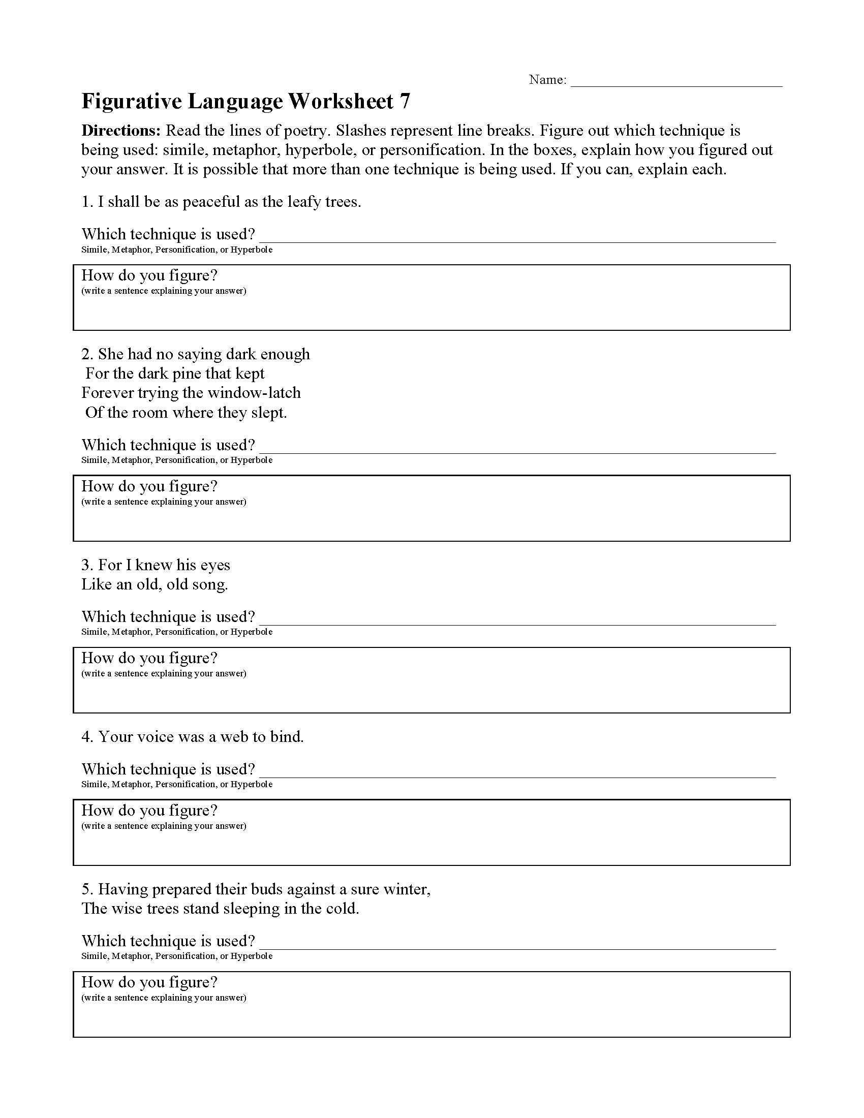 Free Printable Quiz On Figurative Terms