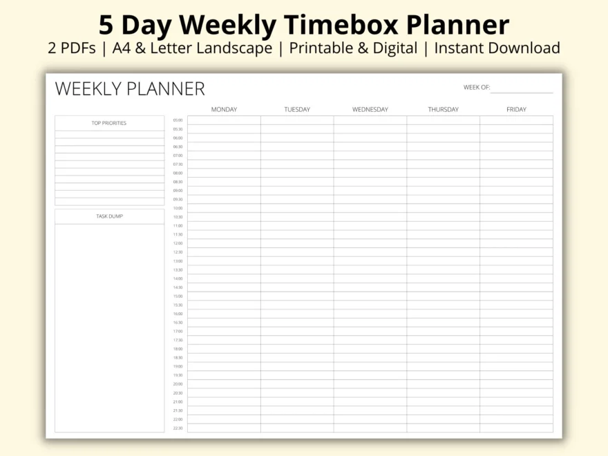 Five Day Weekly Timebox Planner Weekly Time Blocking Template Half Hourly Schedule Week Planner PDF Productivity Planner A4 letter Etsy