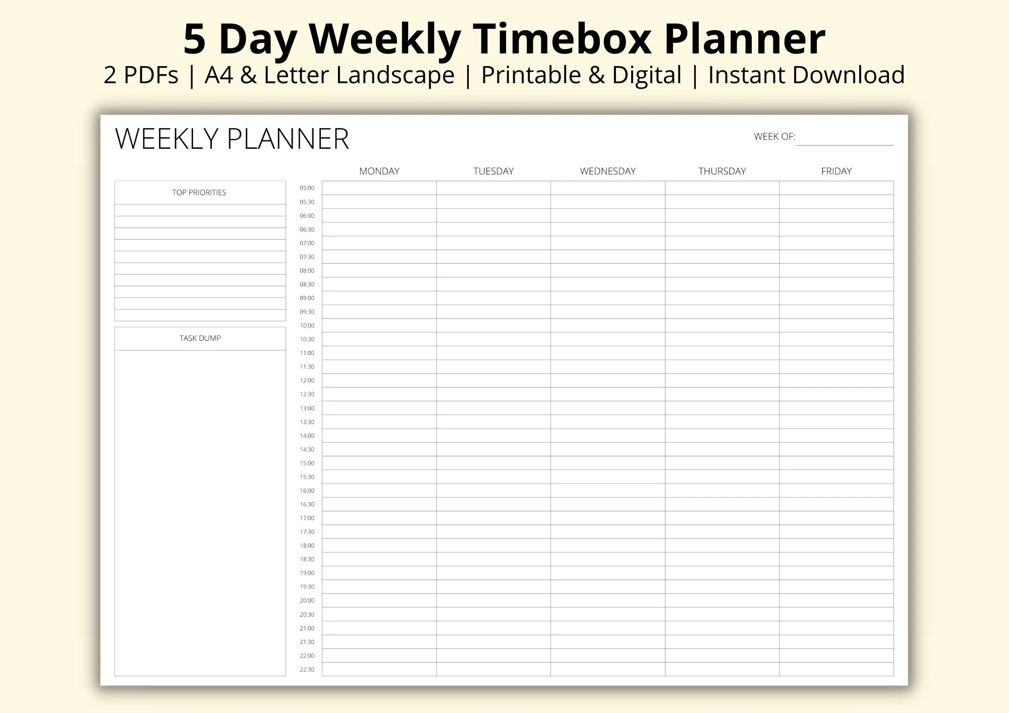Five Day Weekly Timebox Planner Weekly Time Blocking Template Half Hourly Schedule Week Planner PDF Productivity Planner A4 letter Etsy