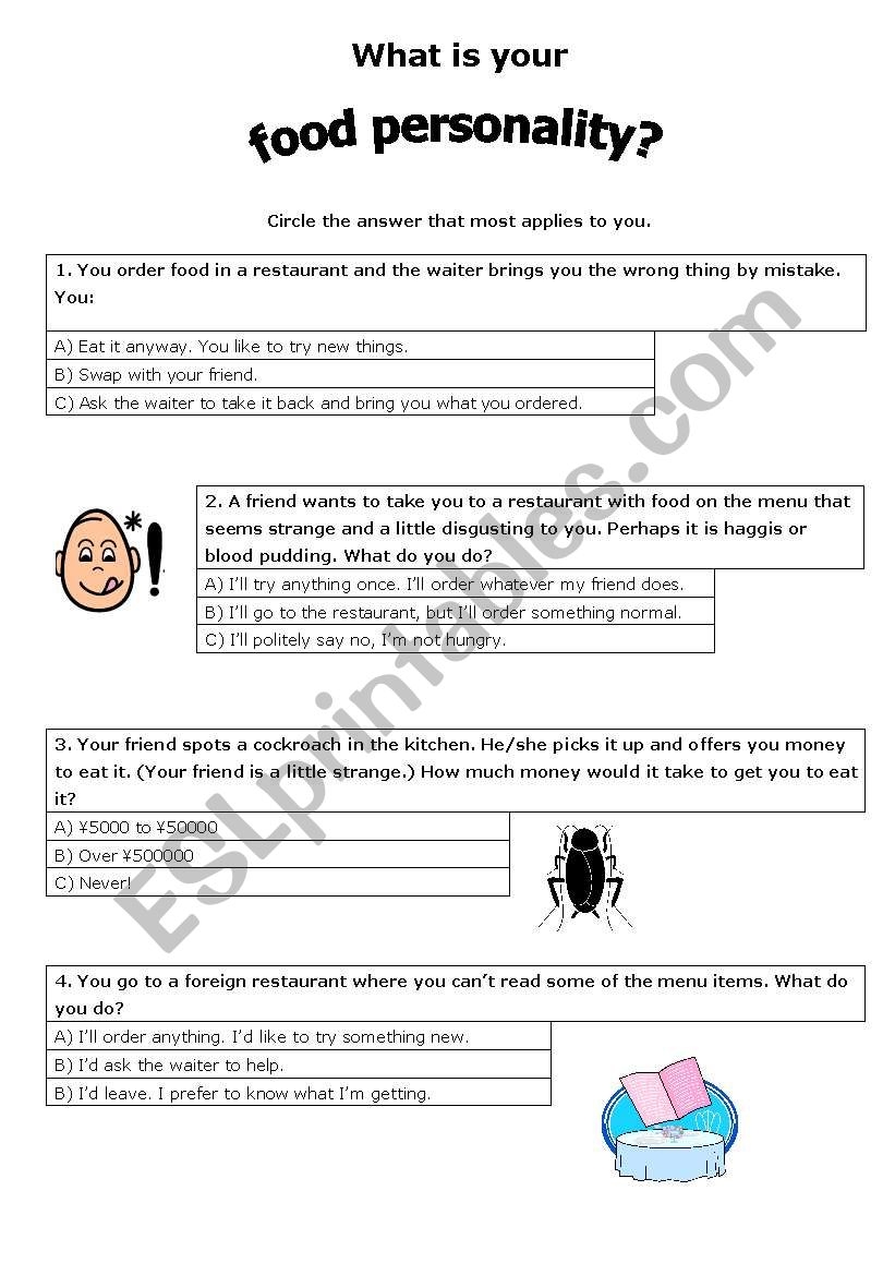 Food Personality Quiz ESL Worksheet By Bananaloaf
