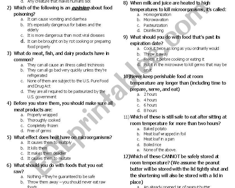 Food Safety Quiz ESL Worksheet By Yatesan