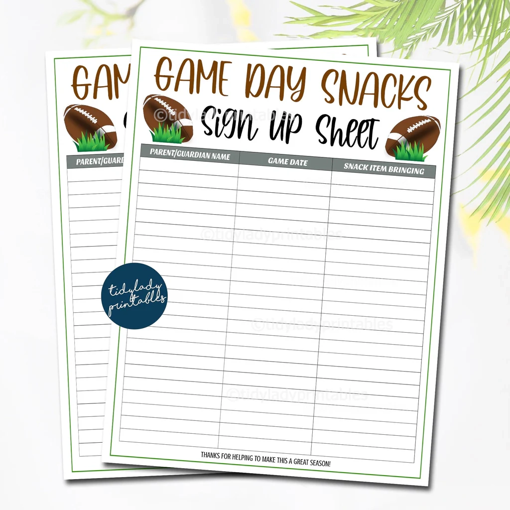 Football Snack Volunteer Signup Sheet TidyLady Printables