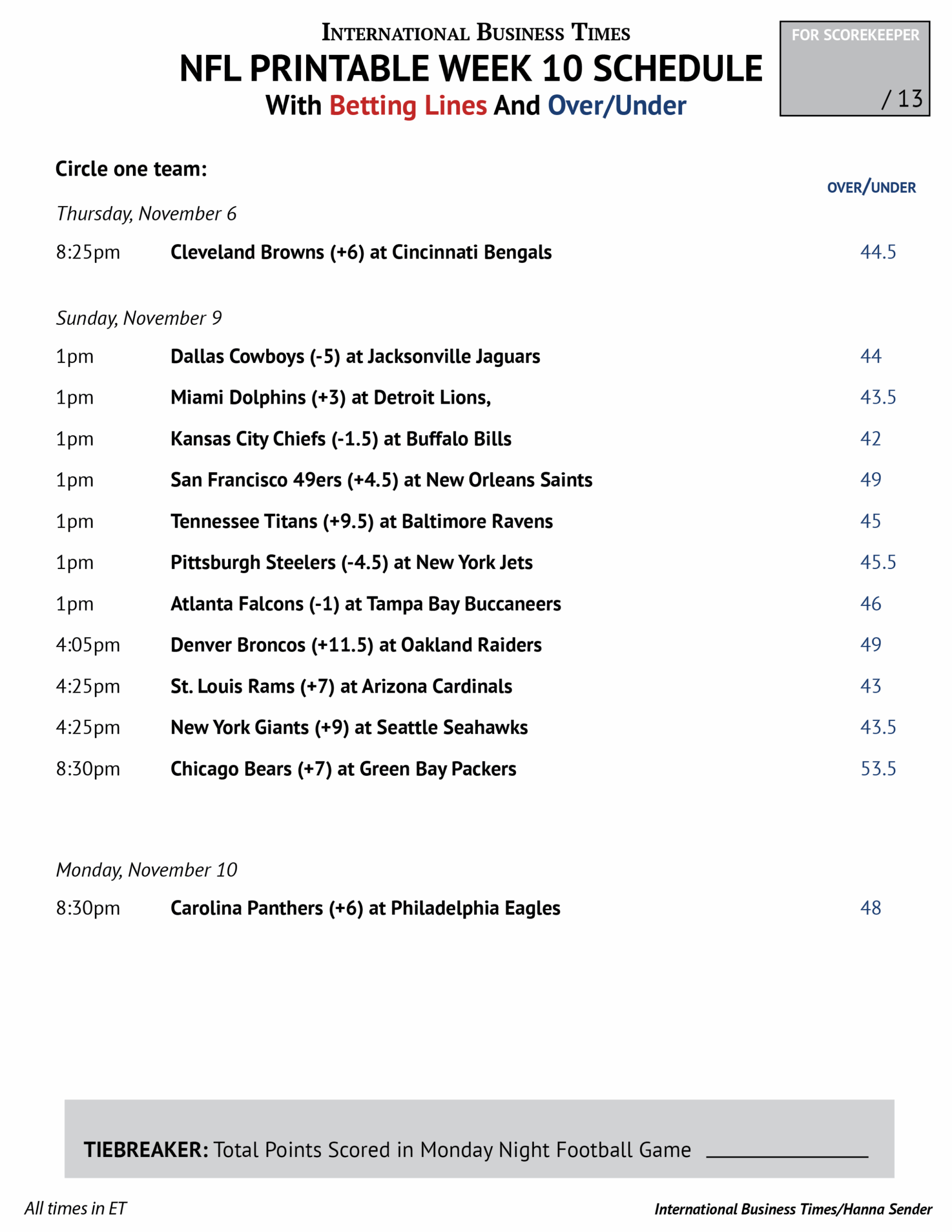 Week 10 Printable Nfl Schedule