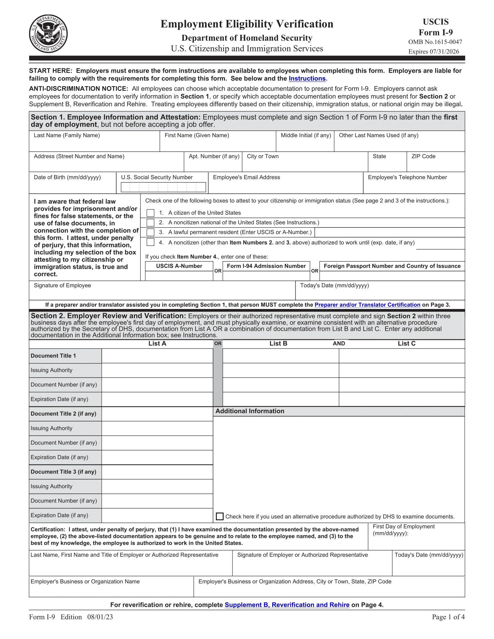 Form I 9 Employment Eligibility Verification