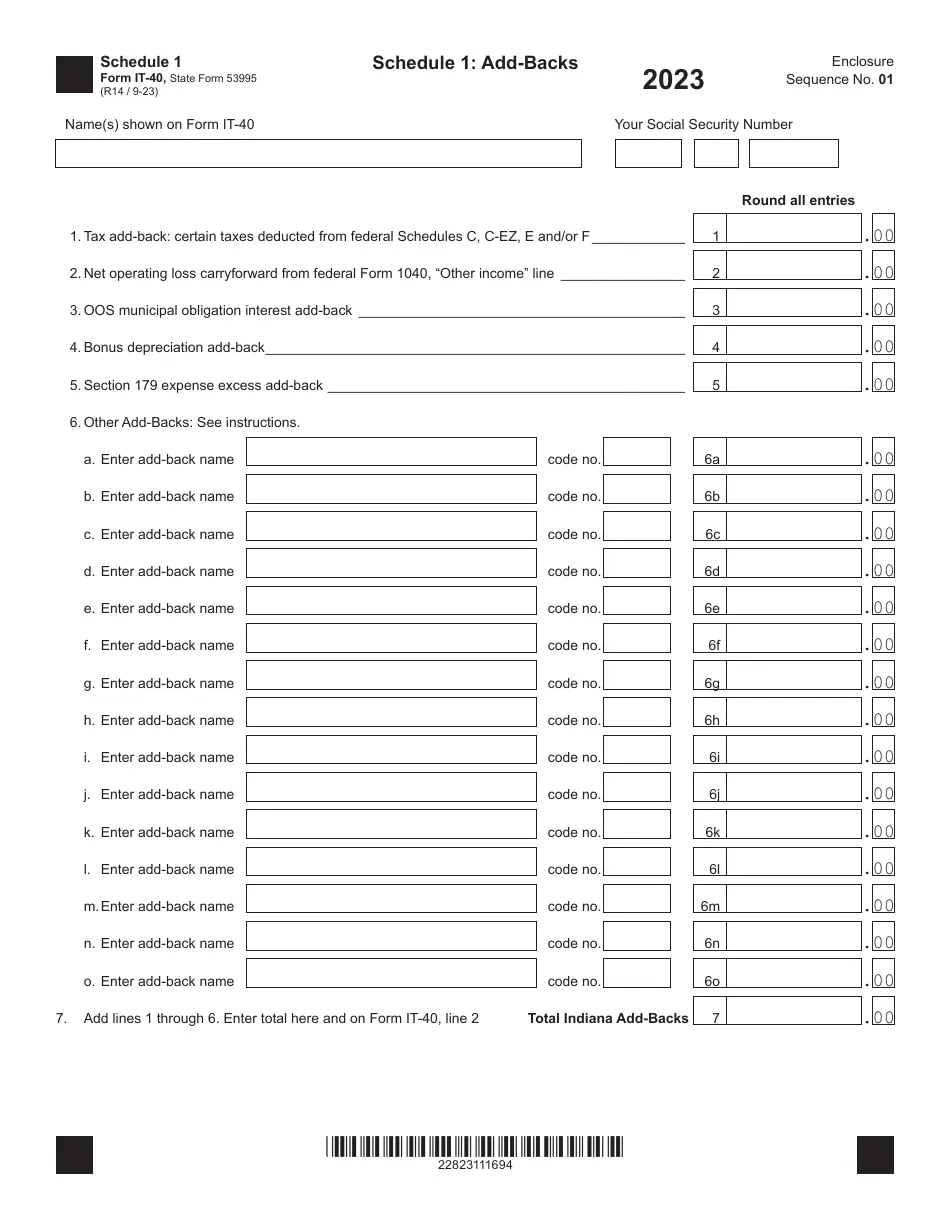 Form IT 40 State Form 53995 Schedule 1 Download Fillable PDF Or Fill Online Add Backs 2023 Indiana 2020 2025 Templateroller