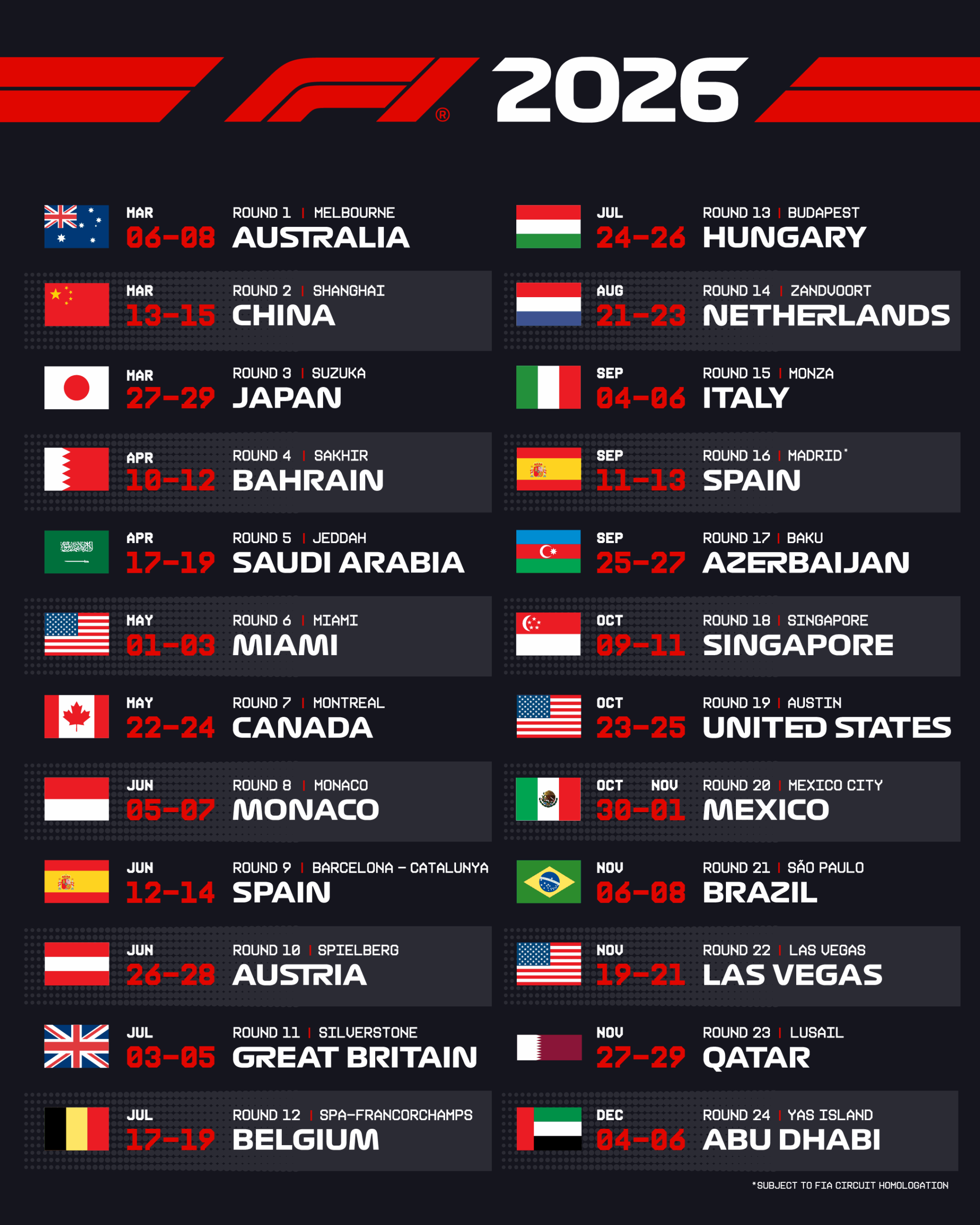 Formula 1 And FIA Announce 2026 Calendar Formula One World Championship Limited