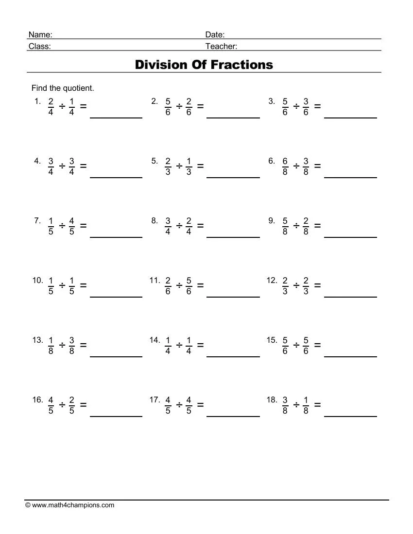 Dividing Fractions Quiz Printable
