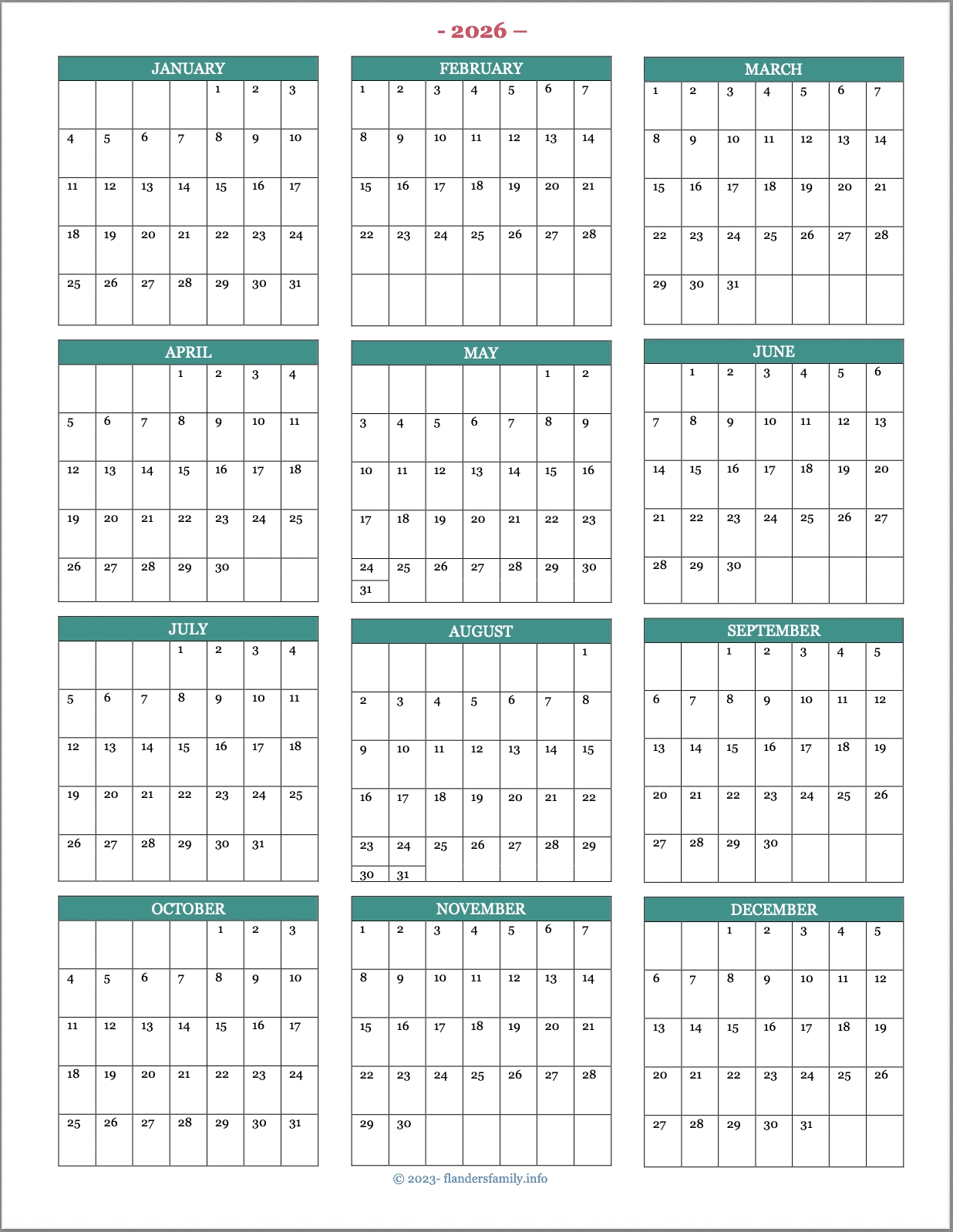 Free 2026 Calendars For Advanced Planning Flanders Family Home Life