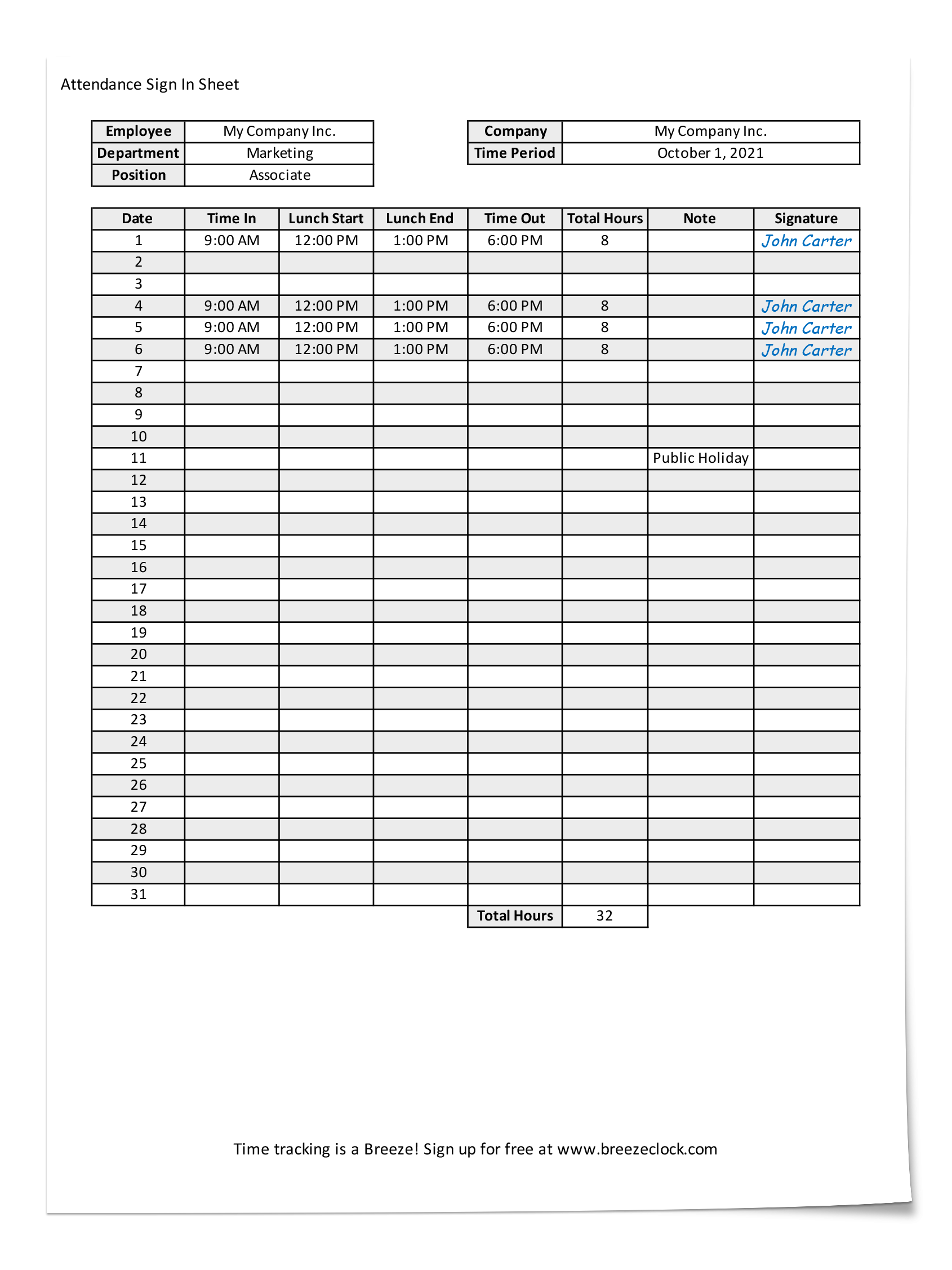 Free Attendance Sheet Template Breeze Clock