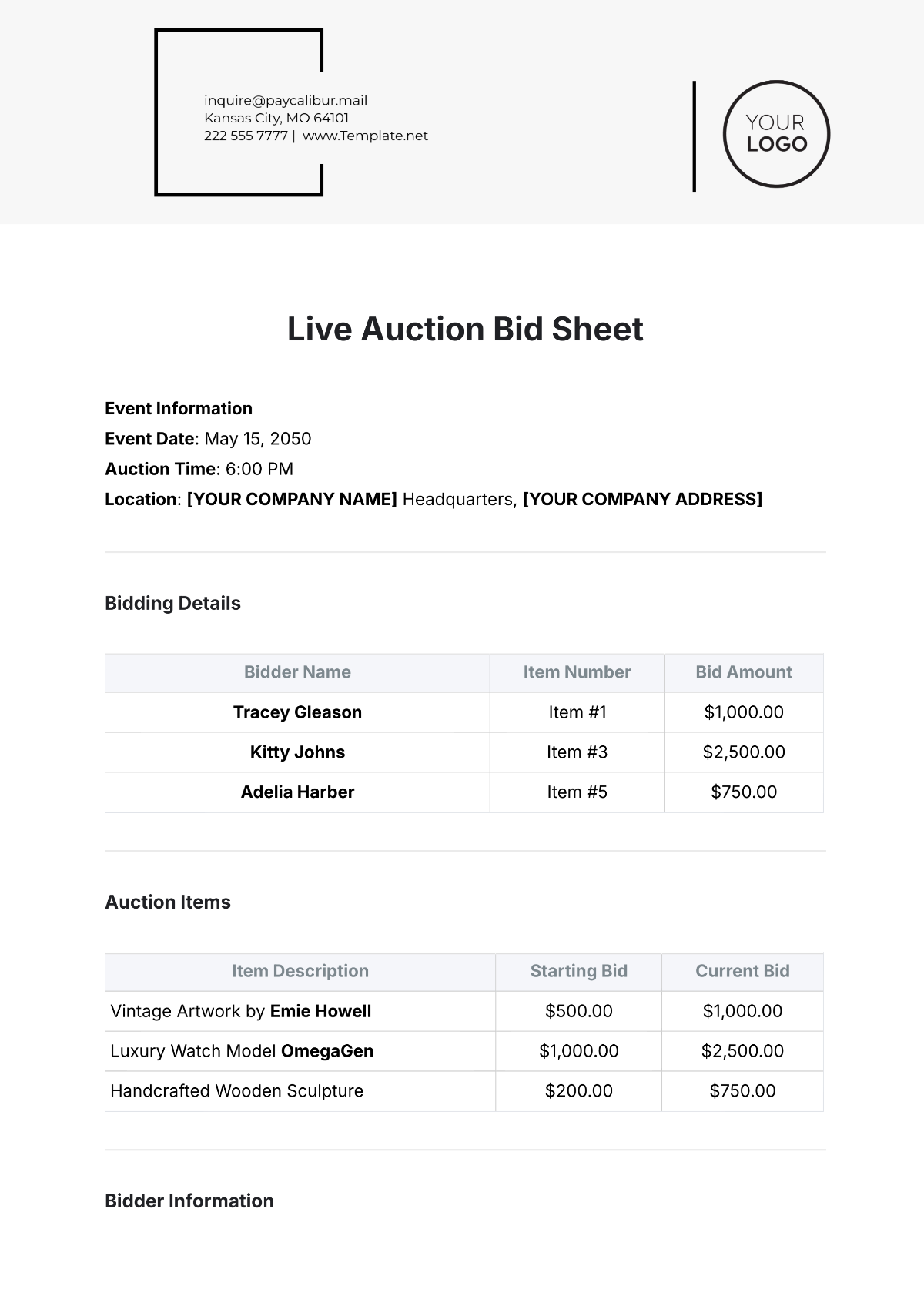 Free Customizable Bid Sheets Printable