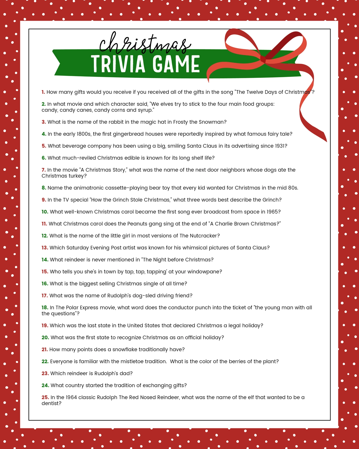 Printable Adult Christmas Trivia