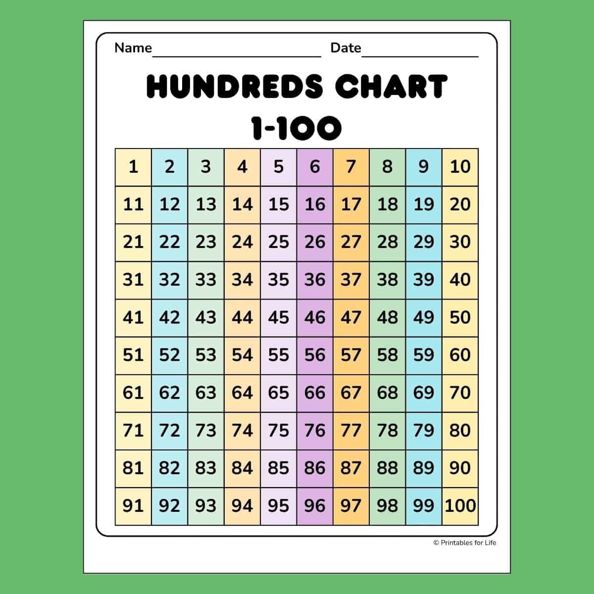 100 Chart Colorful Printable