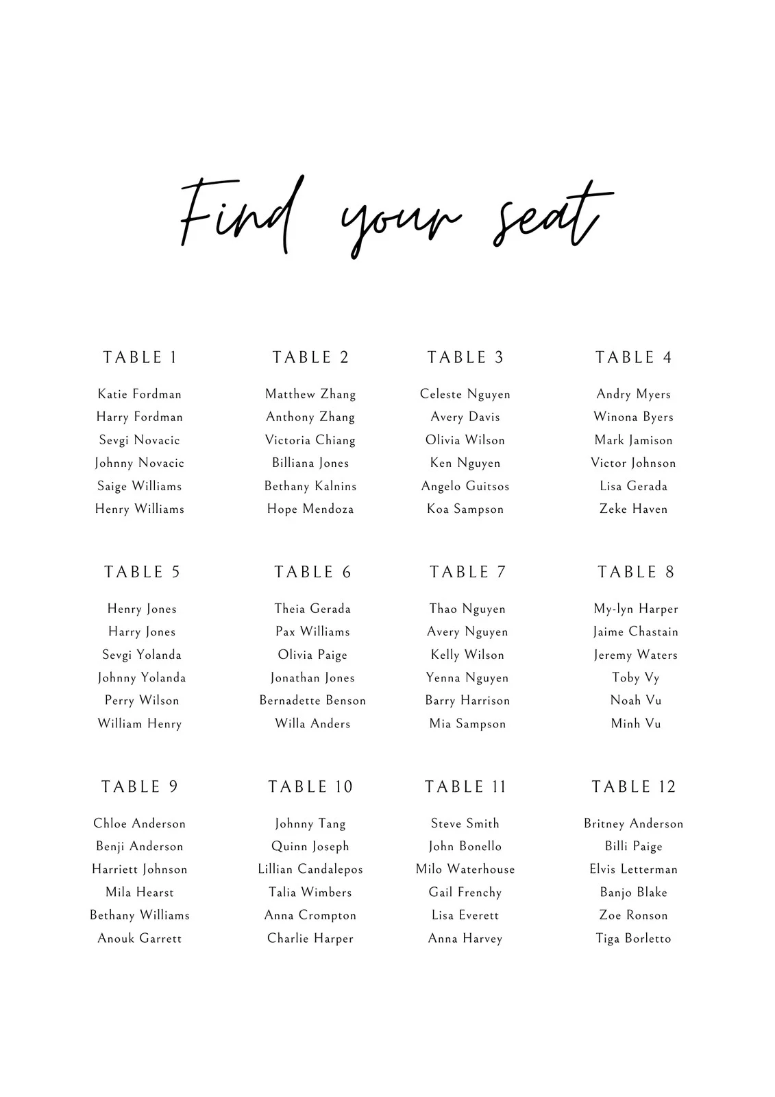 Seating Chart Printable Template