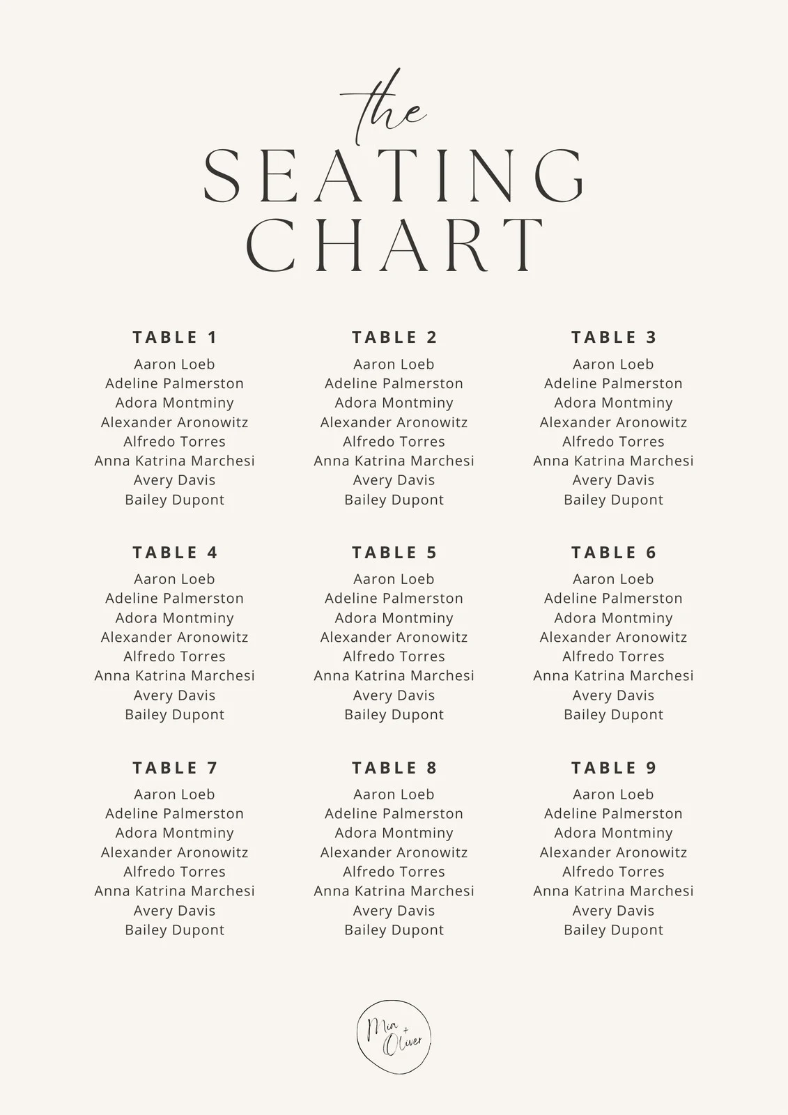 Wedding Seating Chart Printable