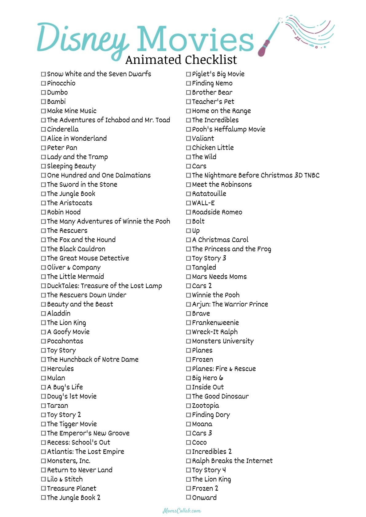 Free Disney Movies List Of 500 Films On Printable Checklists Free Disney Movies List Of 500 Films On Printable Checklists