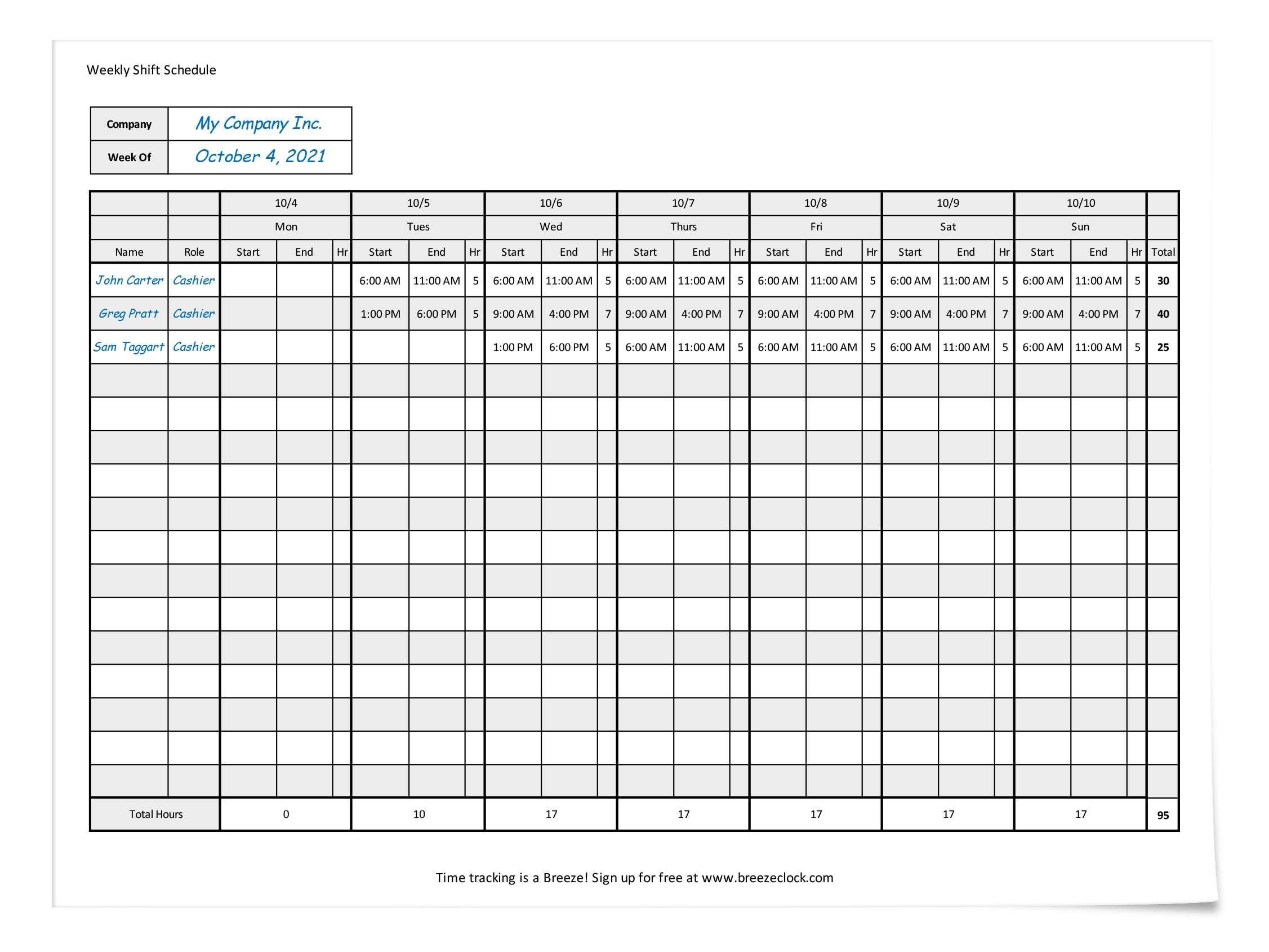 Free Employee Shift Schedule Template Breeze Clock