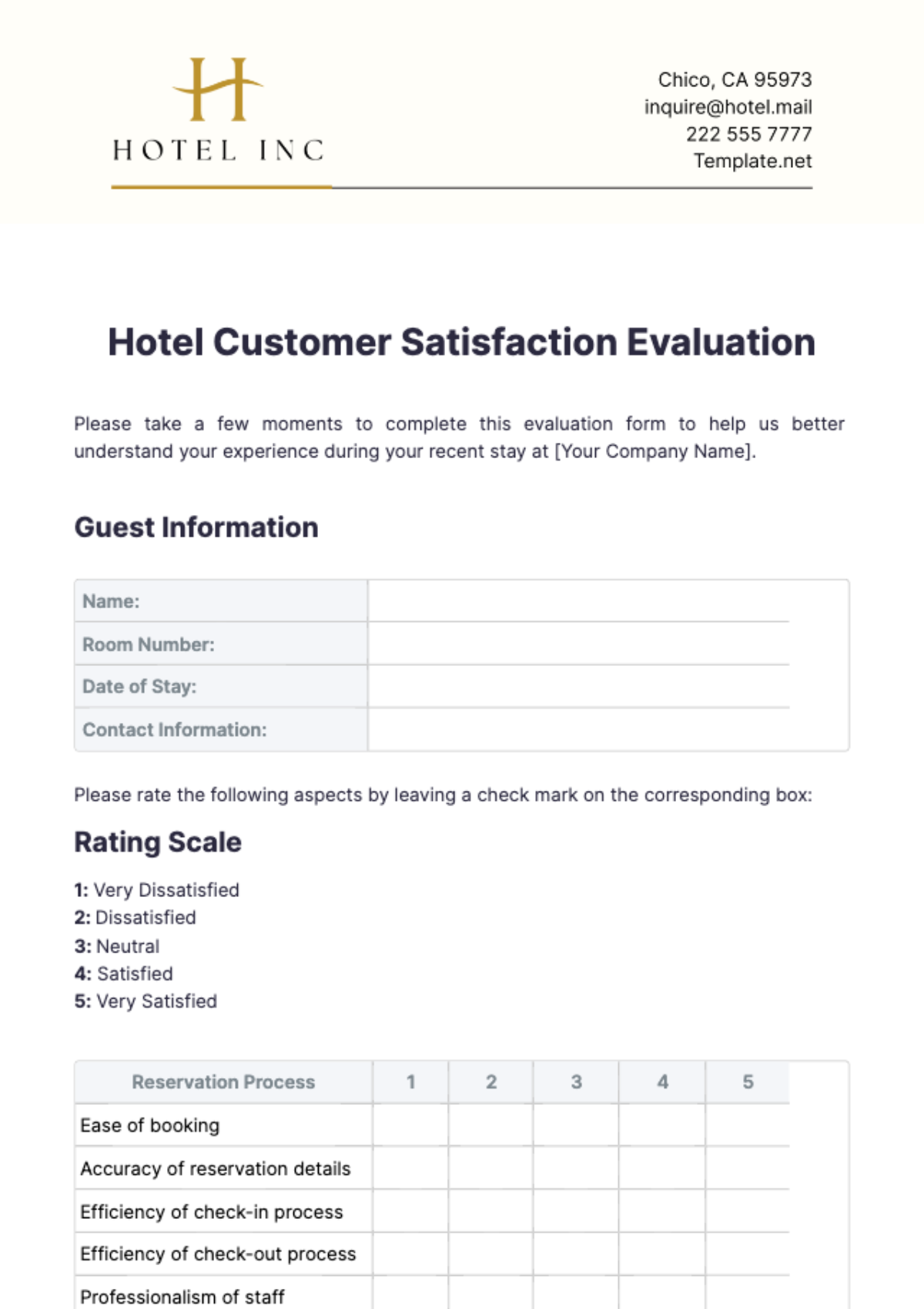 Free Hotel Customer Satisfaction Evaluation Template To Edit Online