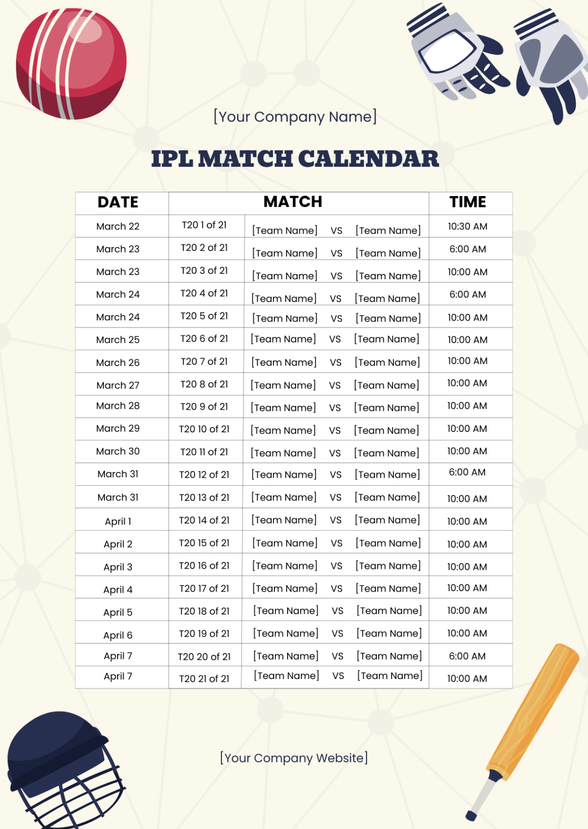 Free IPL Match Calendar Template To Edit Online