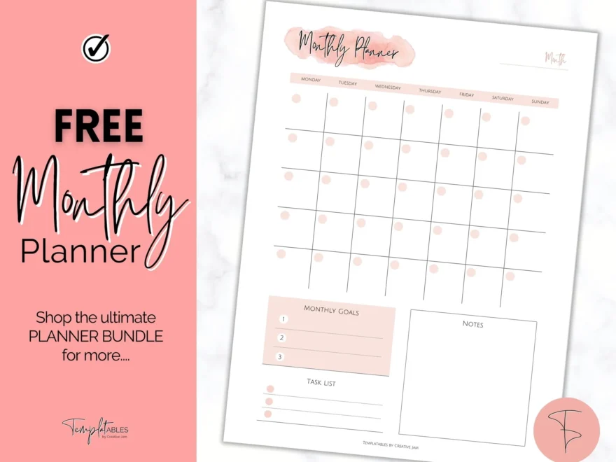 FREE Monthly Planner Printable To Do List Watercolor Pink