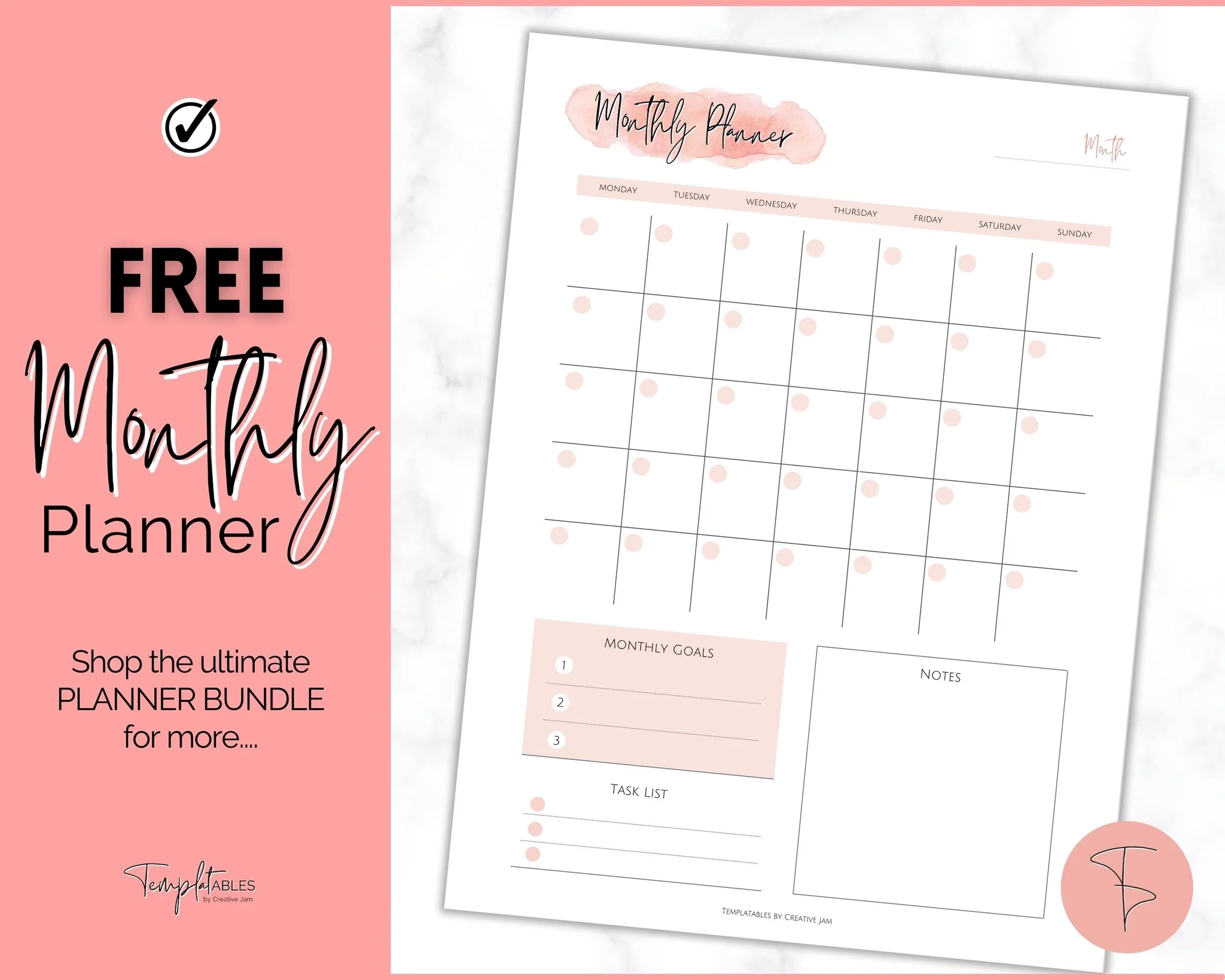 FREE Monthly Planner Printable To Do List Watercolor Pink