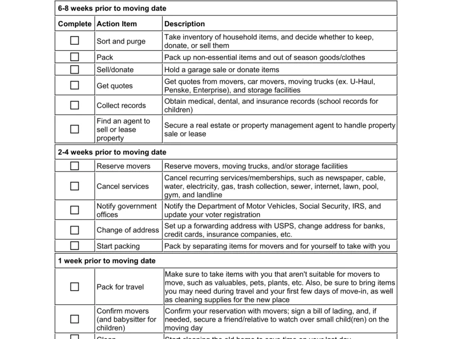 Free Moving Checklist Template Printable PDF Word
