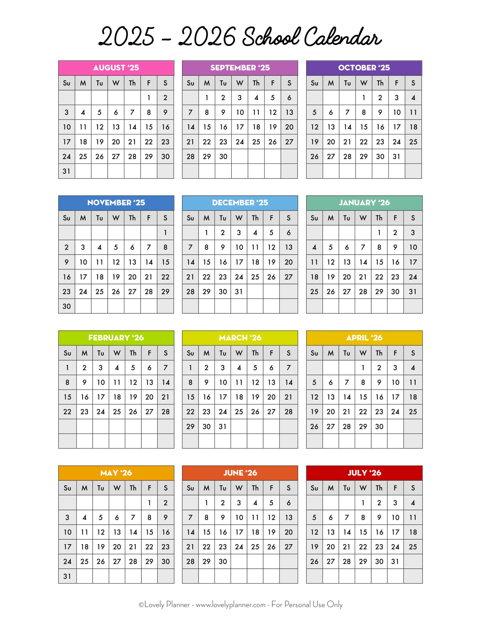 Free Printable Planner Calendar 2025-2026