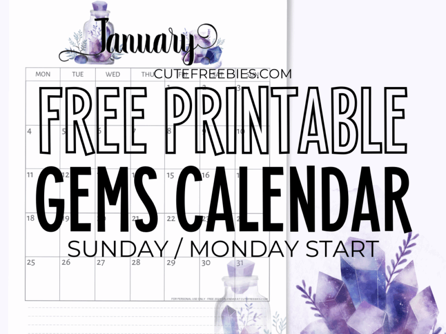 Free Printable 2025 Calendar PDF Crystal Gems Cute Freebies For You