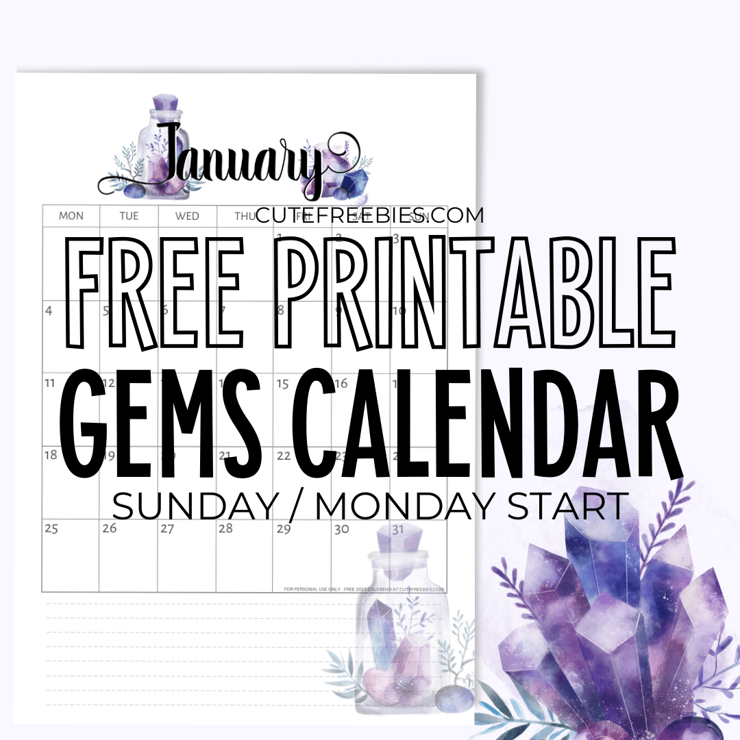 Free Printable 2025 Calendar PDF Crystal Gems Cute Freebies For You